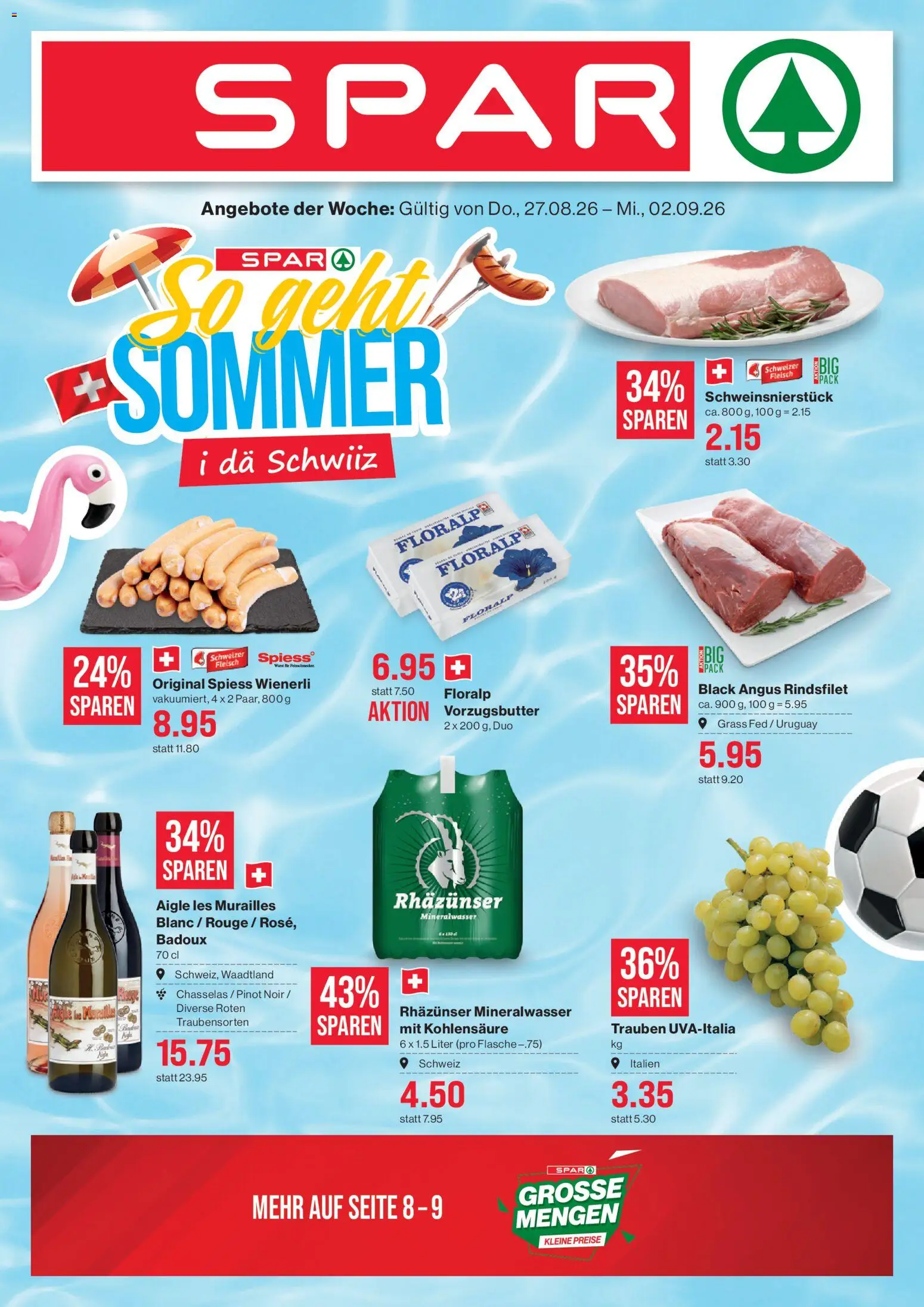 Vorschau des Merkblatts SPAR aktionen vom Shop SPAR gültig von 27.08.2026 bis 02.09.2026 - Rouge, Wurst, Mineralwasser