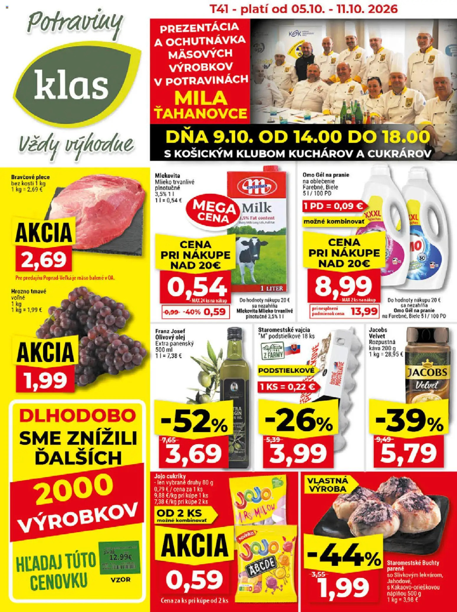 Náhľad Klas letáku platného od 05.10.2026 - Káva, Olej, Mlieko, Vajcia, Hrozno, Mila, Cukríky, Gél na pranie