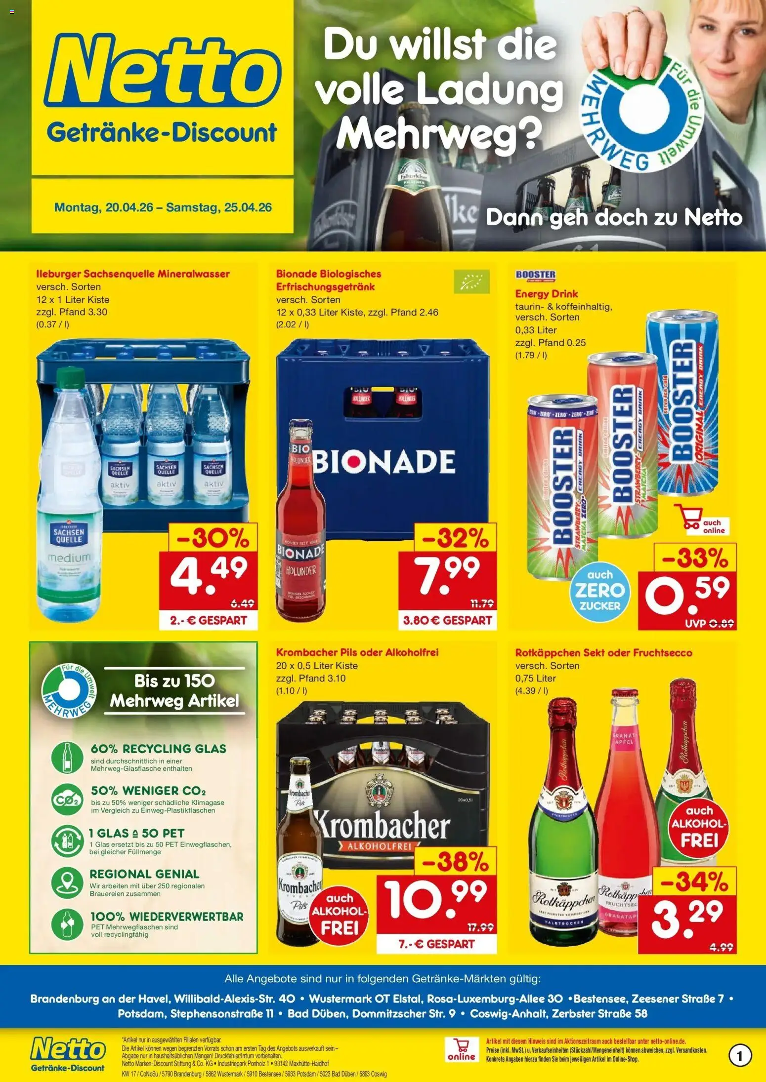 Vorschau von dem Prospekt des Geschäftes Netto Marken-Discount, gültig ab dem 20.04.2026 - Alkohol, Krombacher, Rotkäppchen, Energy, Bionade, Pils, Fruchtsecco, Rotkappchen sekt