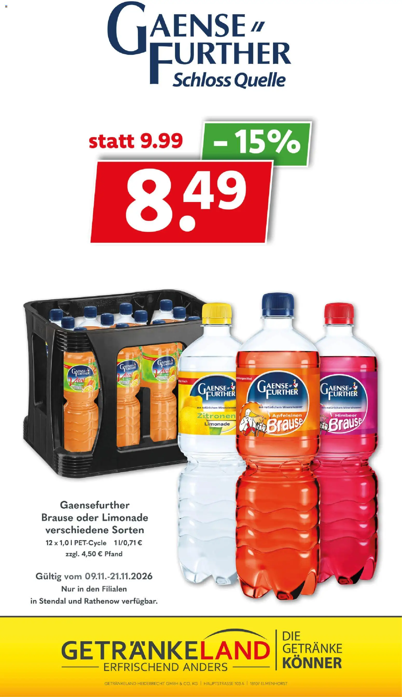 Vorschau von dem Prospekt des Geschäftes Getränkeland, gültig ab dem 09.11.2026 - Mineralwasser, Zitronen, Limonade