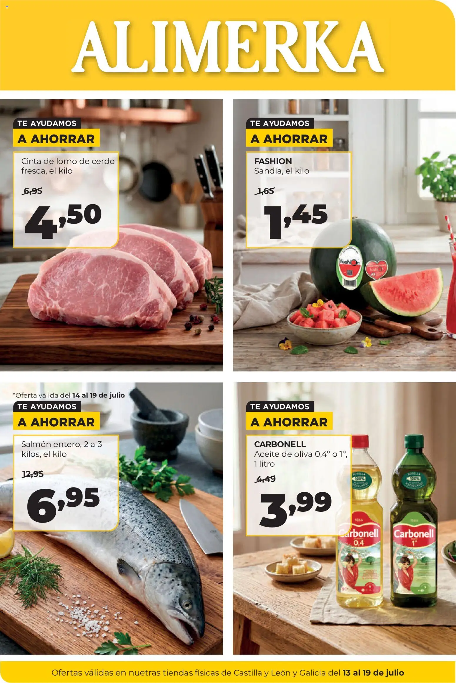 Vista previa del folleto de la tienda Alimerka válido desde el 13/07/2026 - Aceite de oliva, Té, Aceite, Cerdo, Lomo, Lomo de cerdo, Salmón