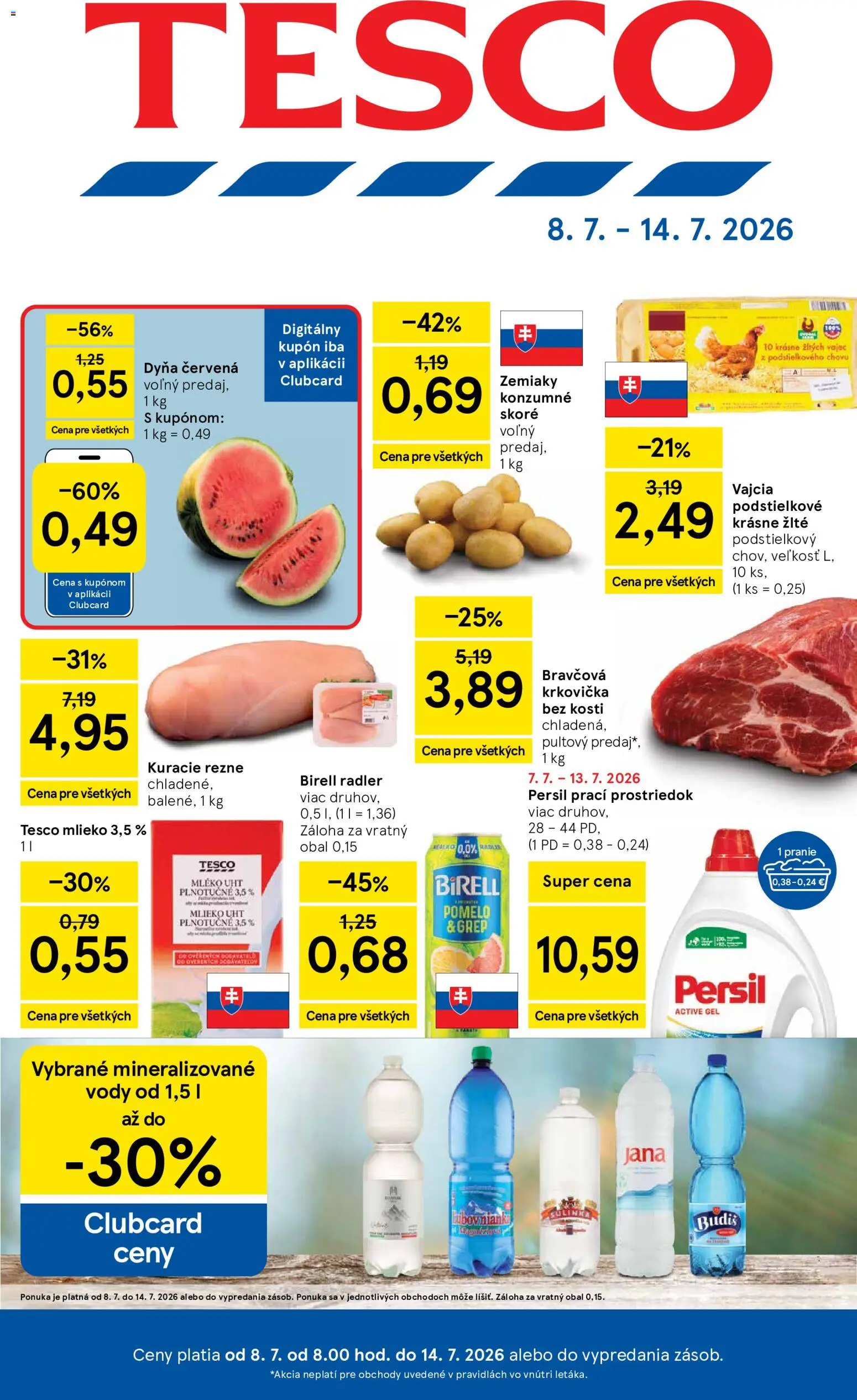 Náhľad Tesco letáku platného od 08.07.2026 - Mlieko, Pomelo, Vajcia, Kuracie rezne, Bravčová krkovička, Rezne, Radler, Grep