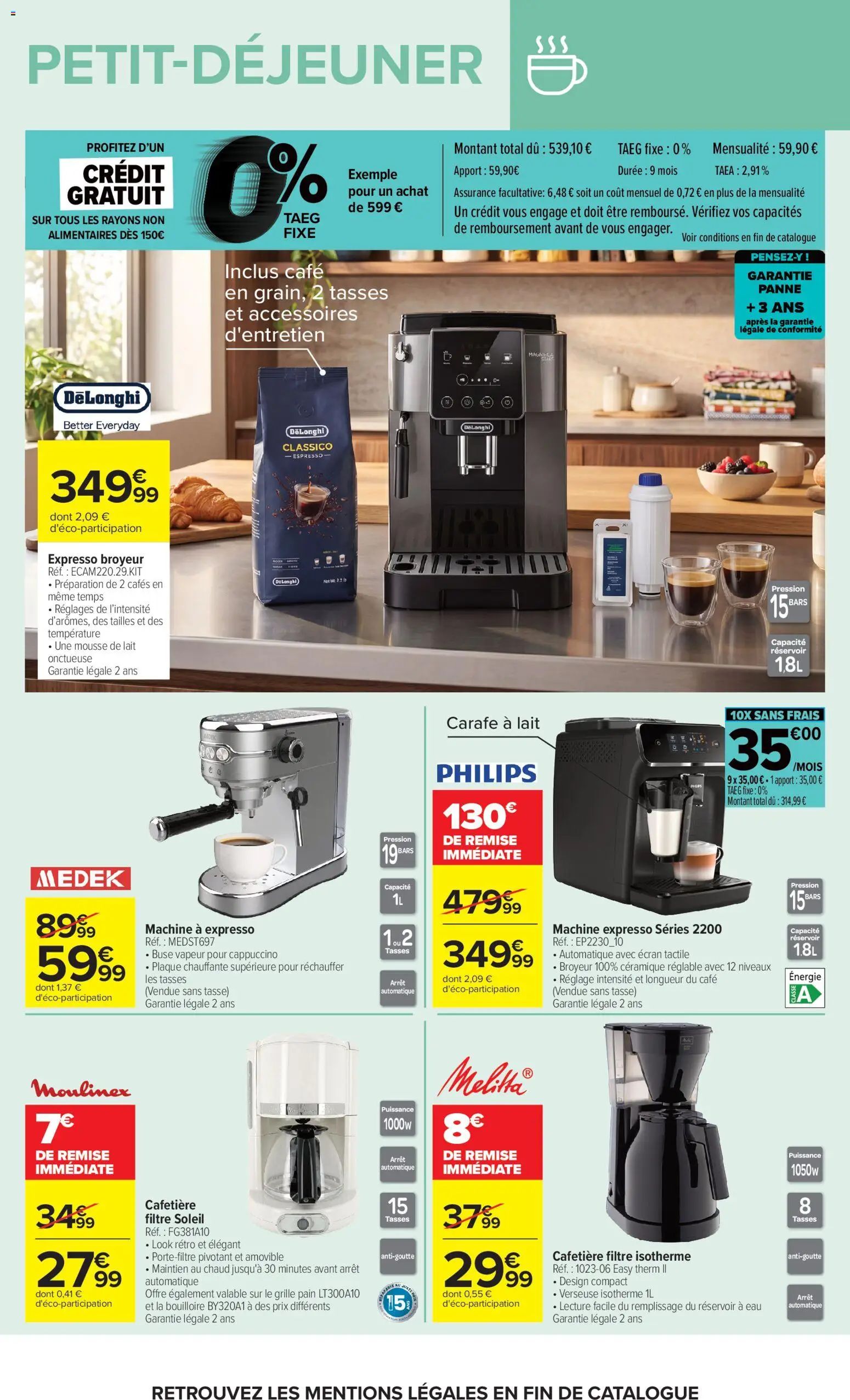 Prévisualisation de Carrefour Market Petit dejeuner du magasin Carrefour Market formulaire valide 01/09/2026 - Delonghi, Cafetière, Moulinex, Cappuccino, Bouilloire, Lait, Mousse, Tasses