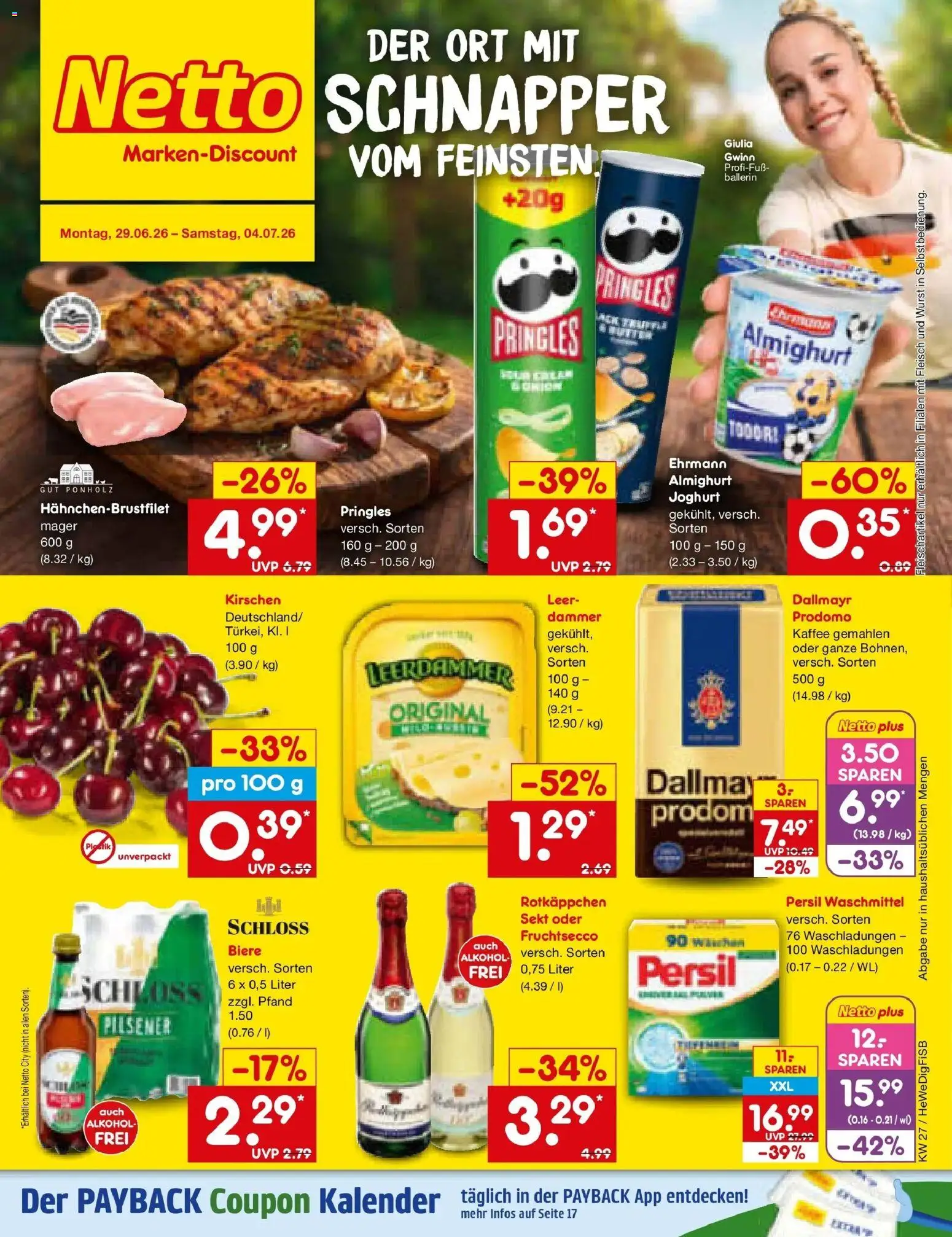 Vorschau von dem Prospekt des Geschäftes Netto Marken-Discount, gültig ab dem 29.06.2026 - Kaffee, Joghurt, Alkohol, Dallmayr, Sekt, Persil, Leerdammer, Fruchtsecco