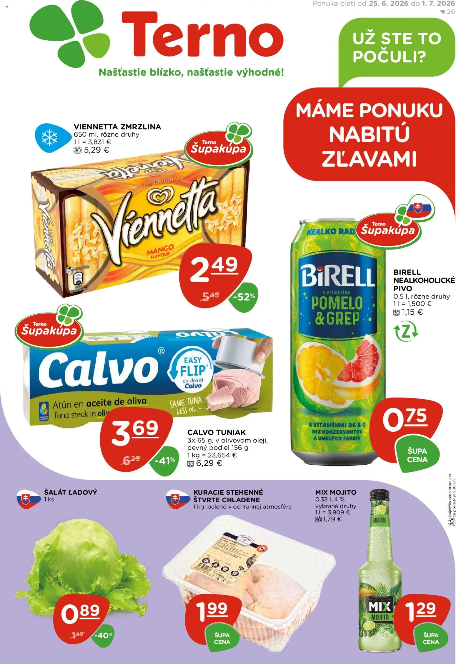 Náhľad Terno letáku platného od 25.06.2026 - Zmrzlina, Pivo, Steak, Šalát, Tuniak, Pomelo, Birell, Grep