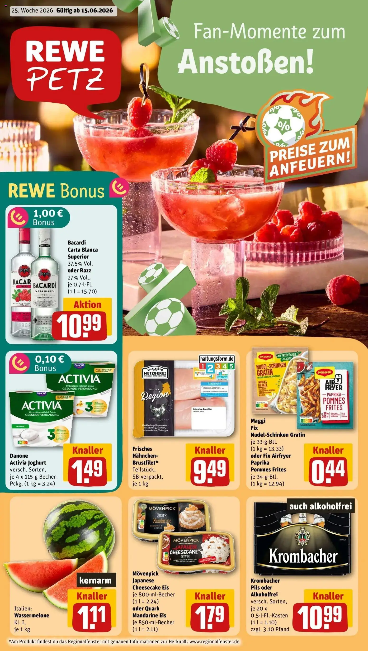 Vorschau von dem Prospekt des Geschäftes Rewe, gültig ab dem 14.06.2026 - Eis, Maggi, Quark, Krombacher, Bacardi, Wassermelone, Rum, Maggi fix