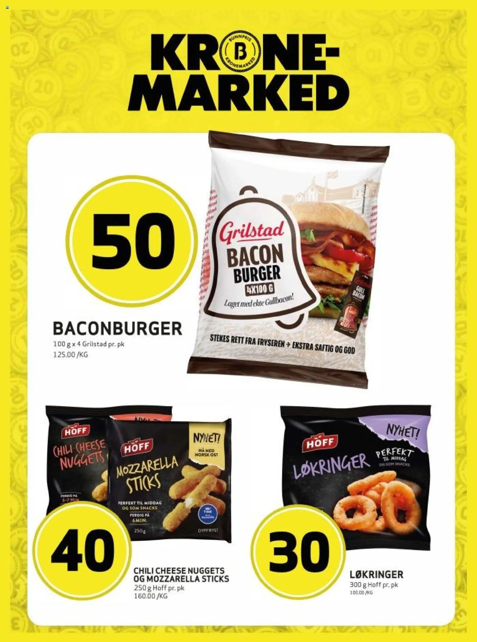 Forhåndsvis Bunnpris kundeavis krone marked fra butikk Bunnpris gyldig fra 15/10/2026 - Bacon, Løkringer, Chili, Ost, Snacks, Nuggets, Mozzarella, Grilstad