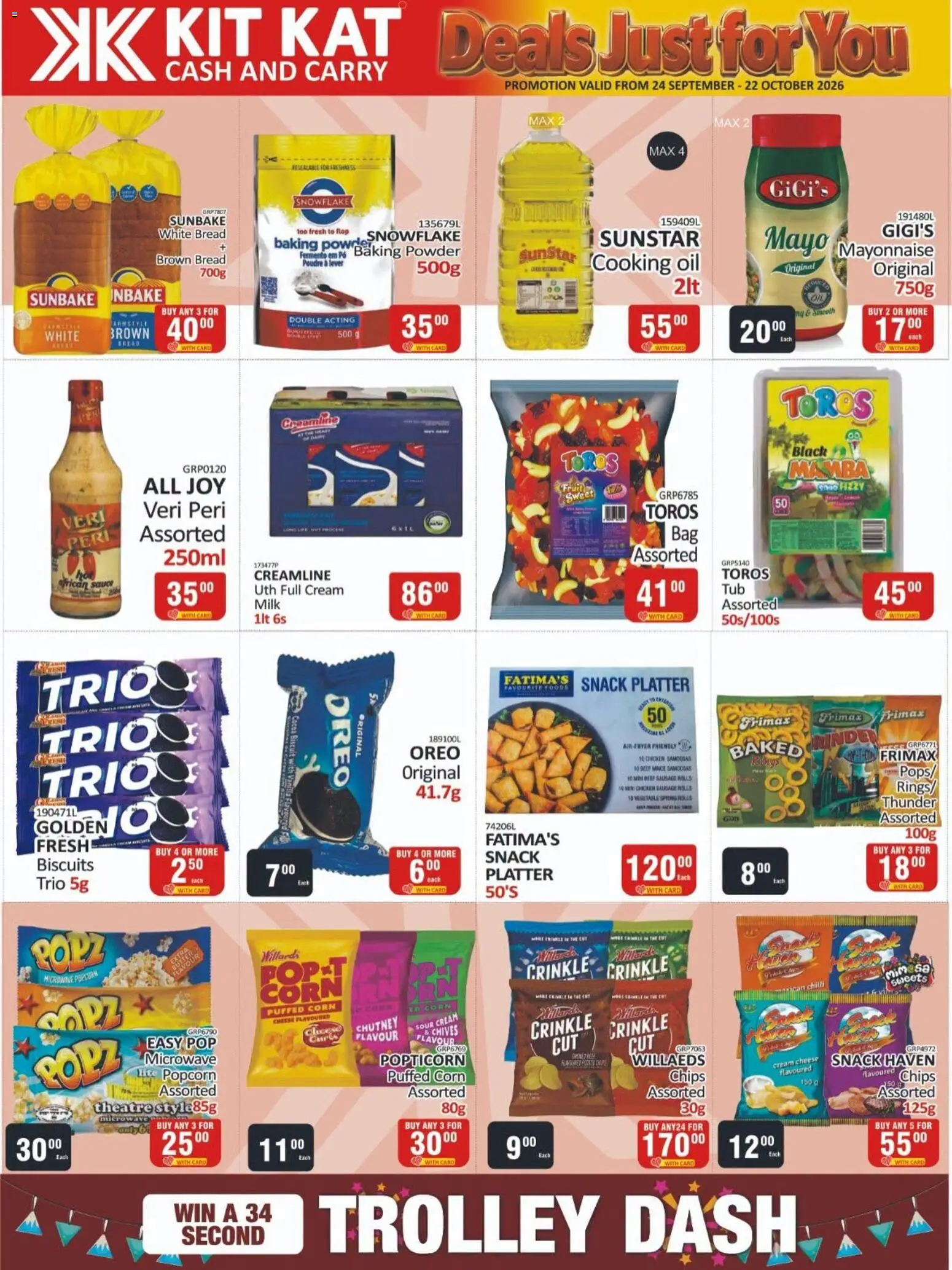Preview of KIT KAT Cash & Carry flyer valid from 24/09/2026 - Popcorn, Cream cheese, Milk, Biscuits, Platter, Sausage, Beef, Sour cream