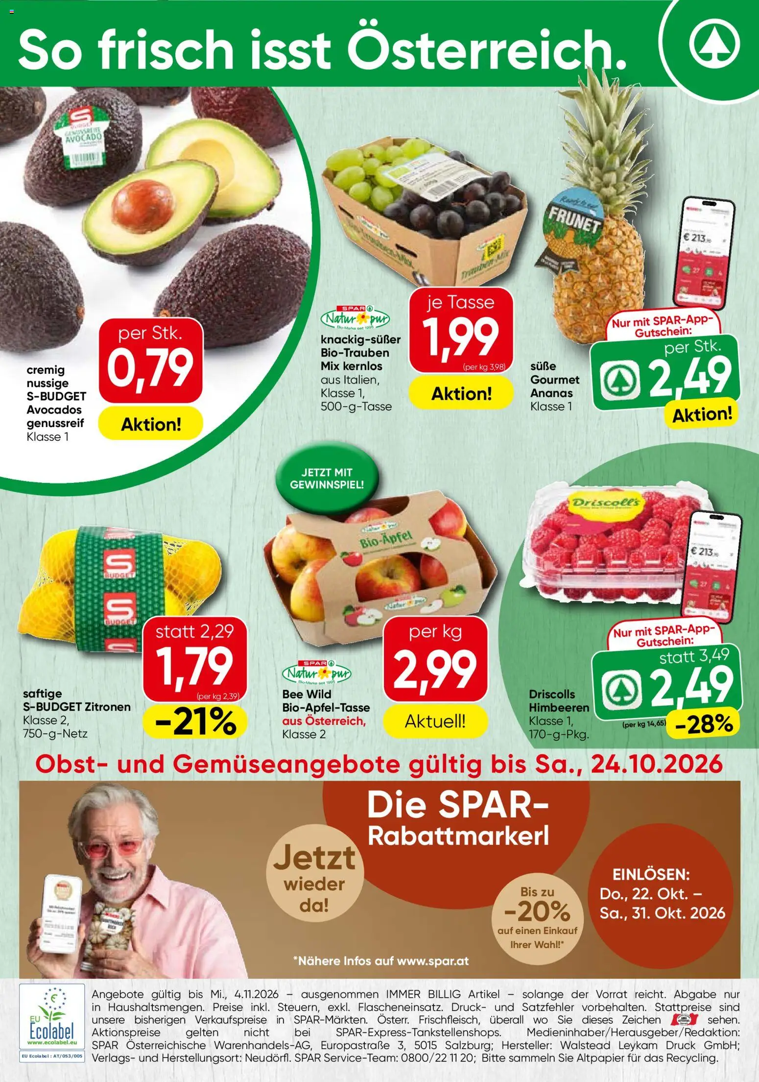 Vorschau der Angebote: Spar Spar Obst & Gemüse gültig ab 19.10.2026 - Avocado, Ananas, Obst