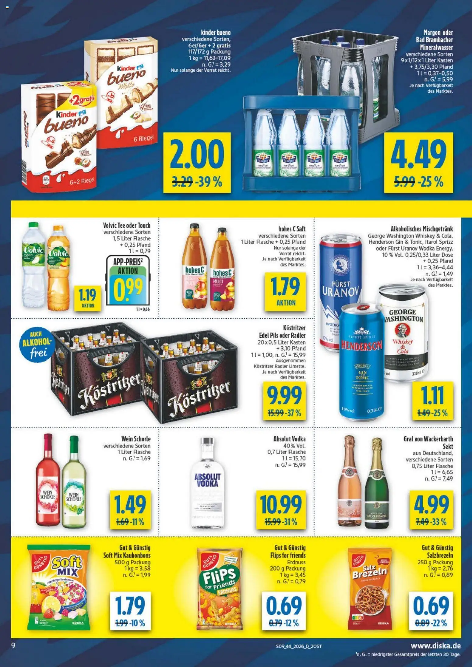 Vorschau von dem Prospekt des Geschäftes Diska, gültig ab dem 26.10.2026 - Bad, Tee, Mineralwasser, Alkohol, Kinder bueno, Hohes c, Pils, Volvic tee