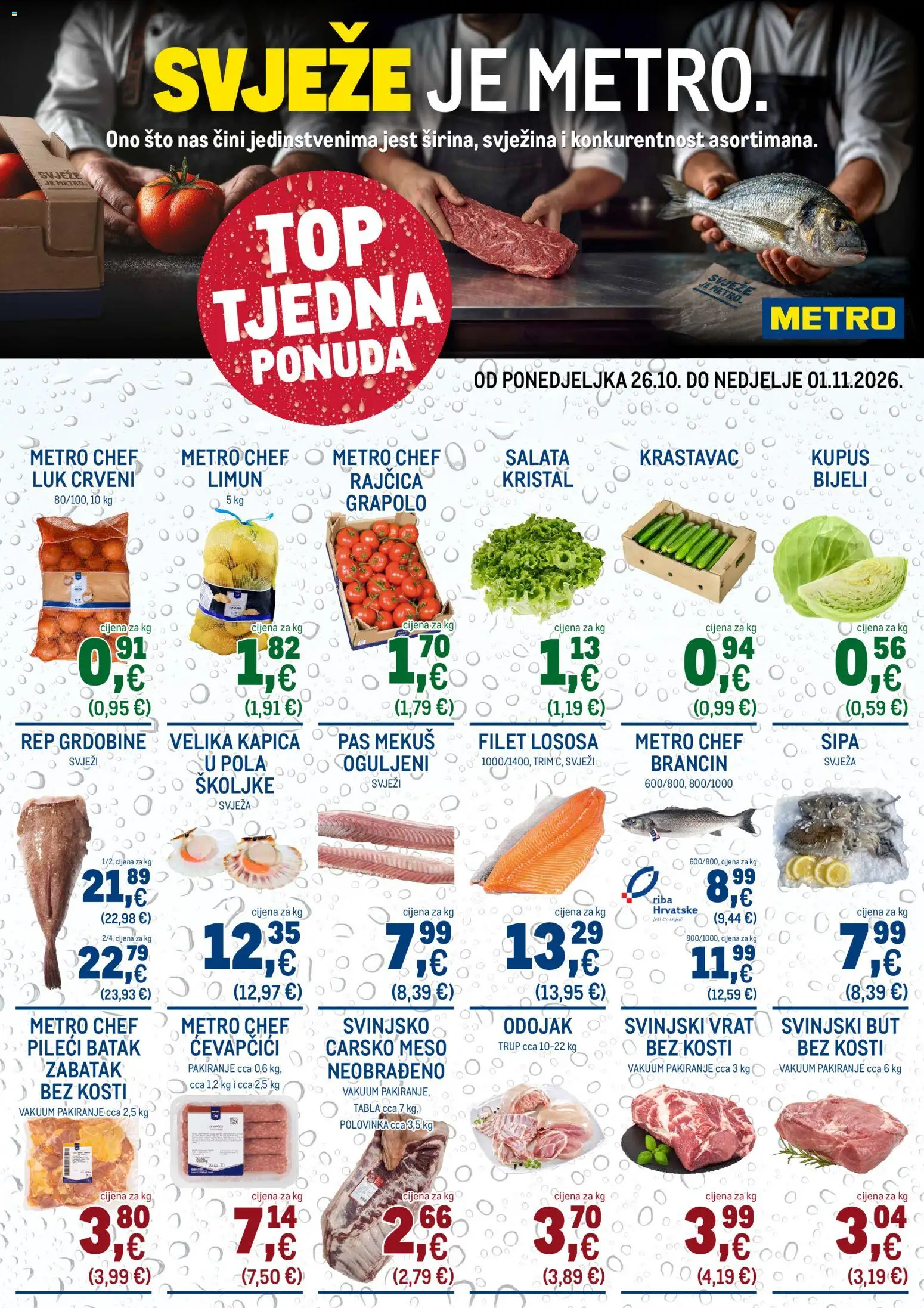 Pregled letka Metro Top tjedna ponuda trgovine Metro vrijedi od 26.10.2026 - Ćevapčići, Salata, Riba, Sipa, Rajčica, Carsko meso, Svinjski vrat, Pileći batak