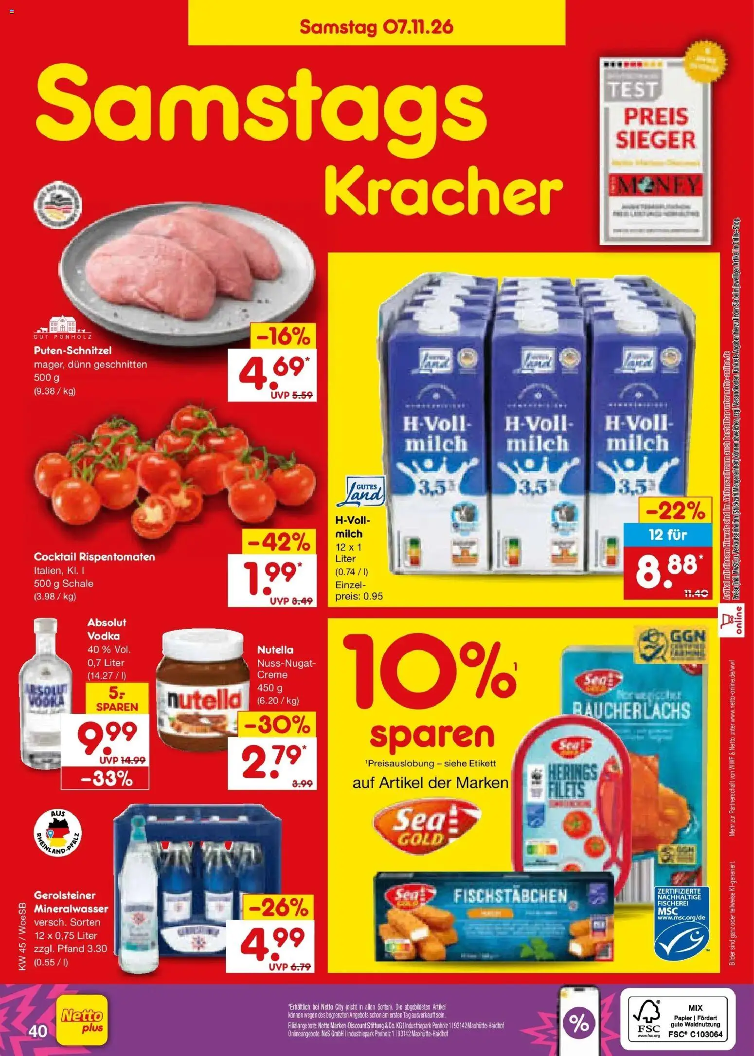 Vorschau von dem Prospekt des Geschäftes Netto Marken-Discount, gültig ab dem 02.11.2026 - Bilder, Nutella, Mineralwasser, Gerolsteiner, Milch, Vodka, Creme, Putenschnitzel