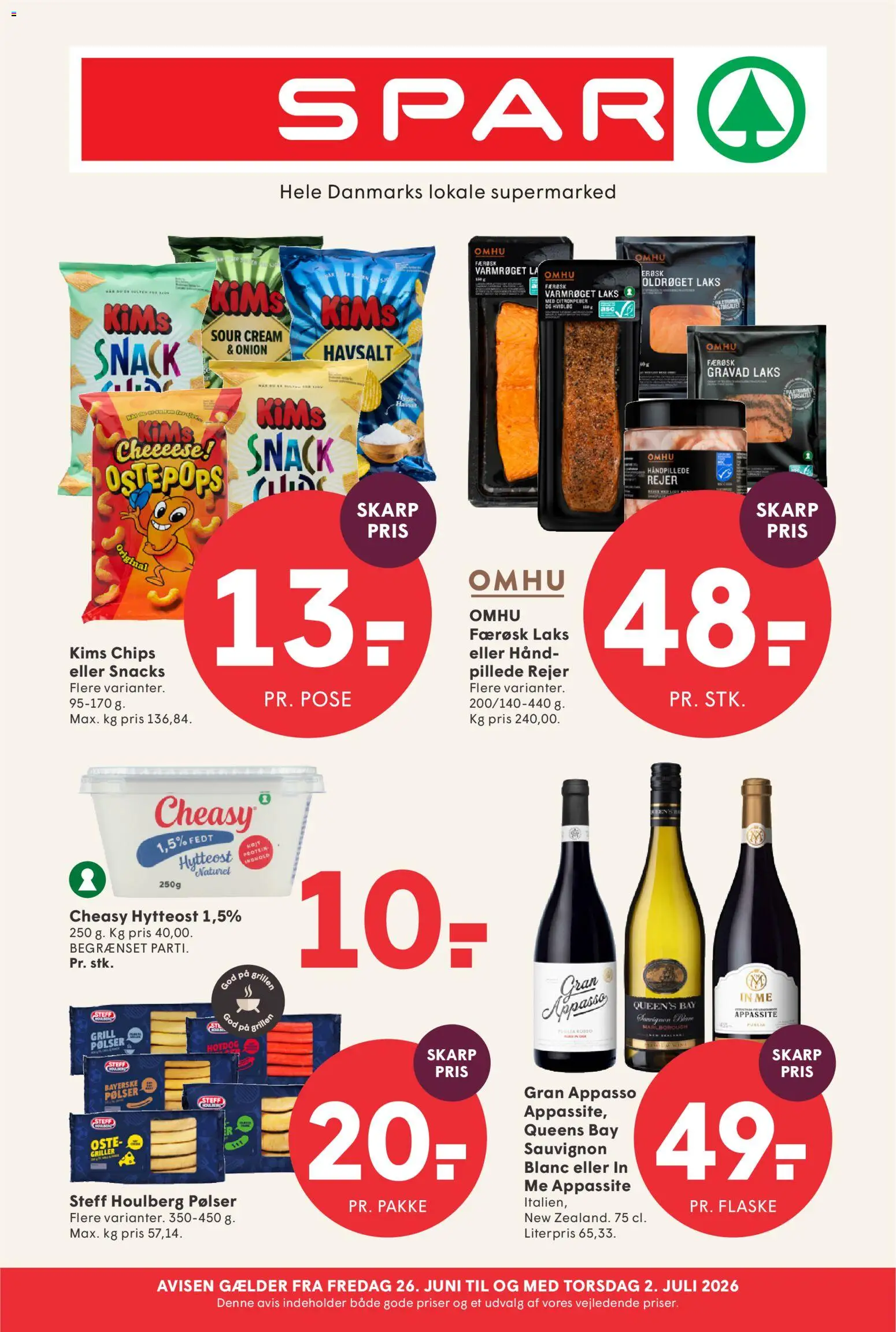 Eksempel på tilbudsavis Spar - Tilbudsavis uge 27 fra butik Spar gyldig fra 26/06/2026 - Laks, Chips, Hytteost, Rejer, Pølser, Hvidløg, Søm, Citronpeber