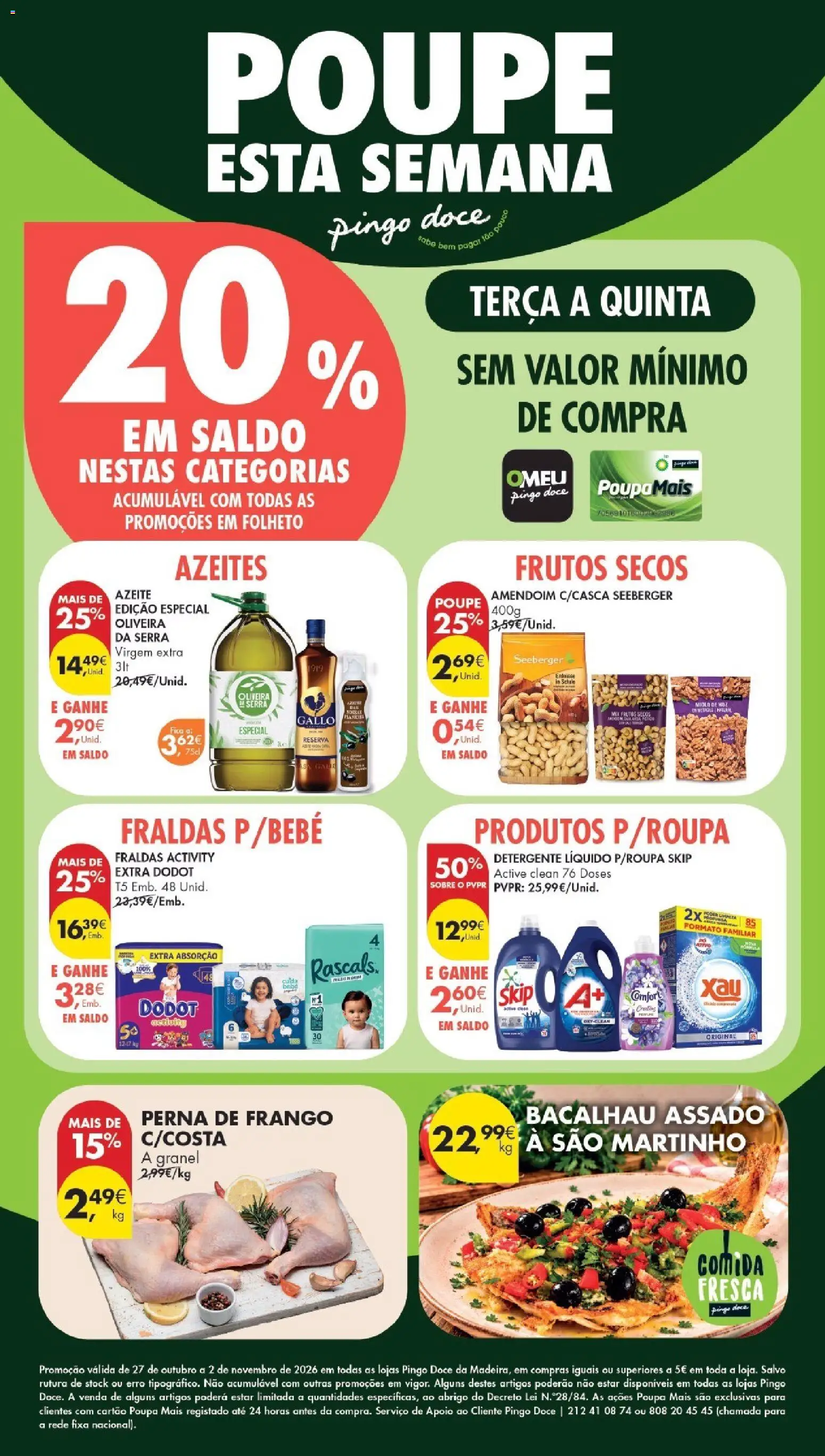 Pré-visualização do folheto da loja Pingo Doce válida a partir de 27/10/2026 - Bacalhau, Azeite, Frango, Fraldas, Frutos secos, Detergente