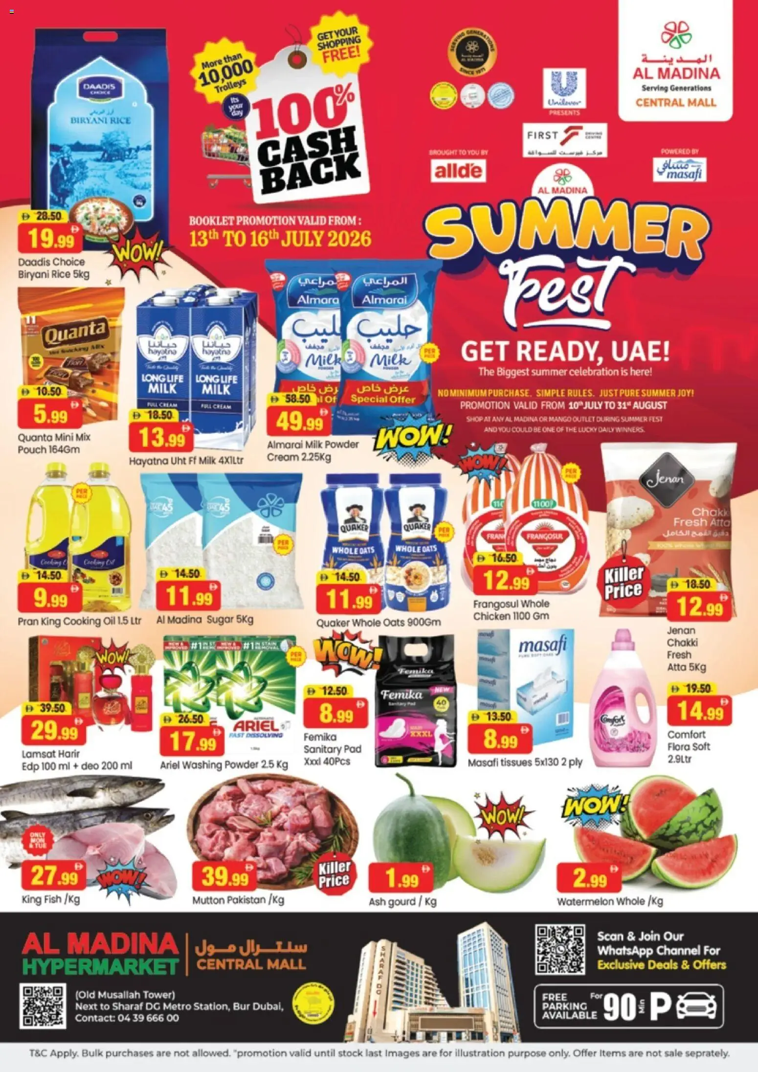Preview of the catalogue Al Madina catalogue Summer Fest of store Al Madina valid from 10 Jul, 2026 - Fish, Milk, Oats, Stock, Rice, Sugar, Powder, Washing powder