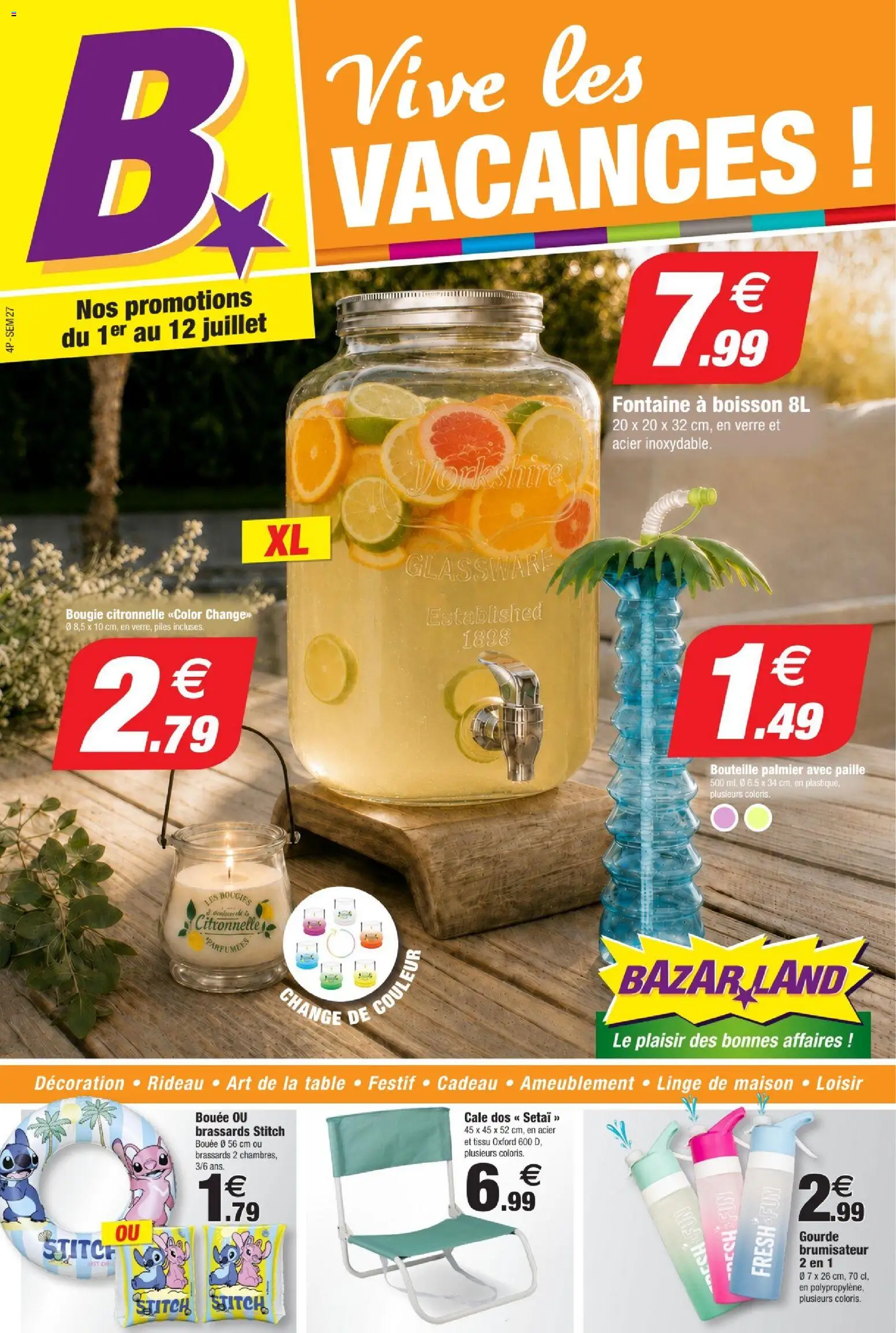 Prévisualisation de BazarLand - Vive les vacances du magasin Bazarland formulaire valide 01/07/2026 - Bougies, Boisson, Gourde, Rideau, Citronnelle, Bouteille, Bouée, Brassards