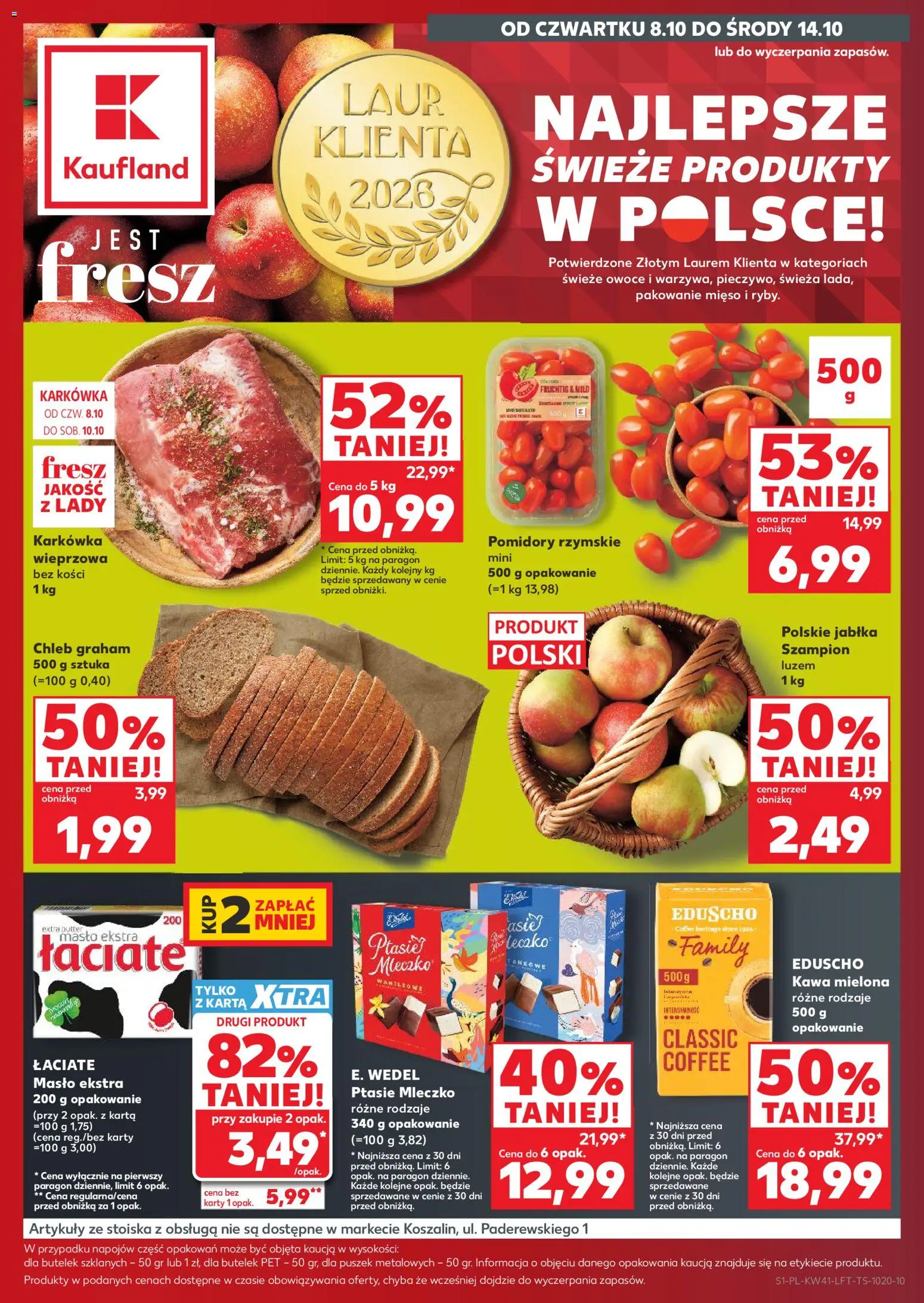 Náhled nabídky: Kaufland Polsko Kaufland Polsko leták platný od 08.10.2026 - Máslo, Chléb, Karty, Jablka