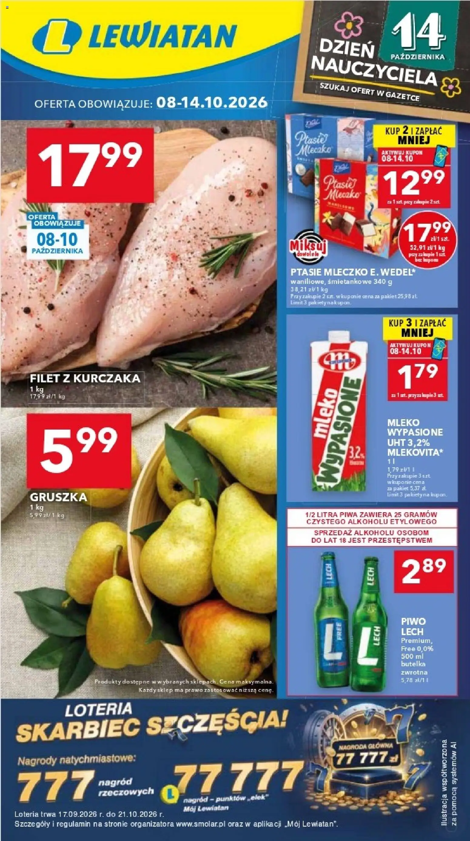 Pogląd gazetki "Lewiatan gazetka - Katowice" ze sklepu Lewiatan ważnej od 08.10.2026 - Lech, Piwo, Mleko, Ptasie mleczko, Gruszka, Filet z kurczaka, Filet, Mleko wypasione