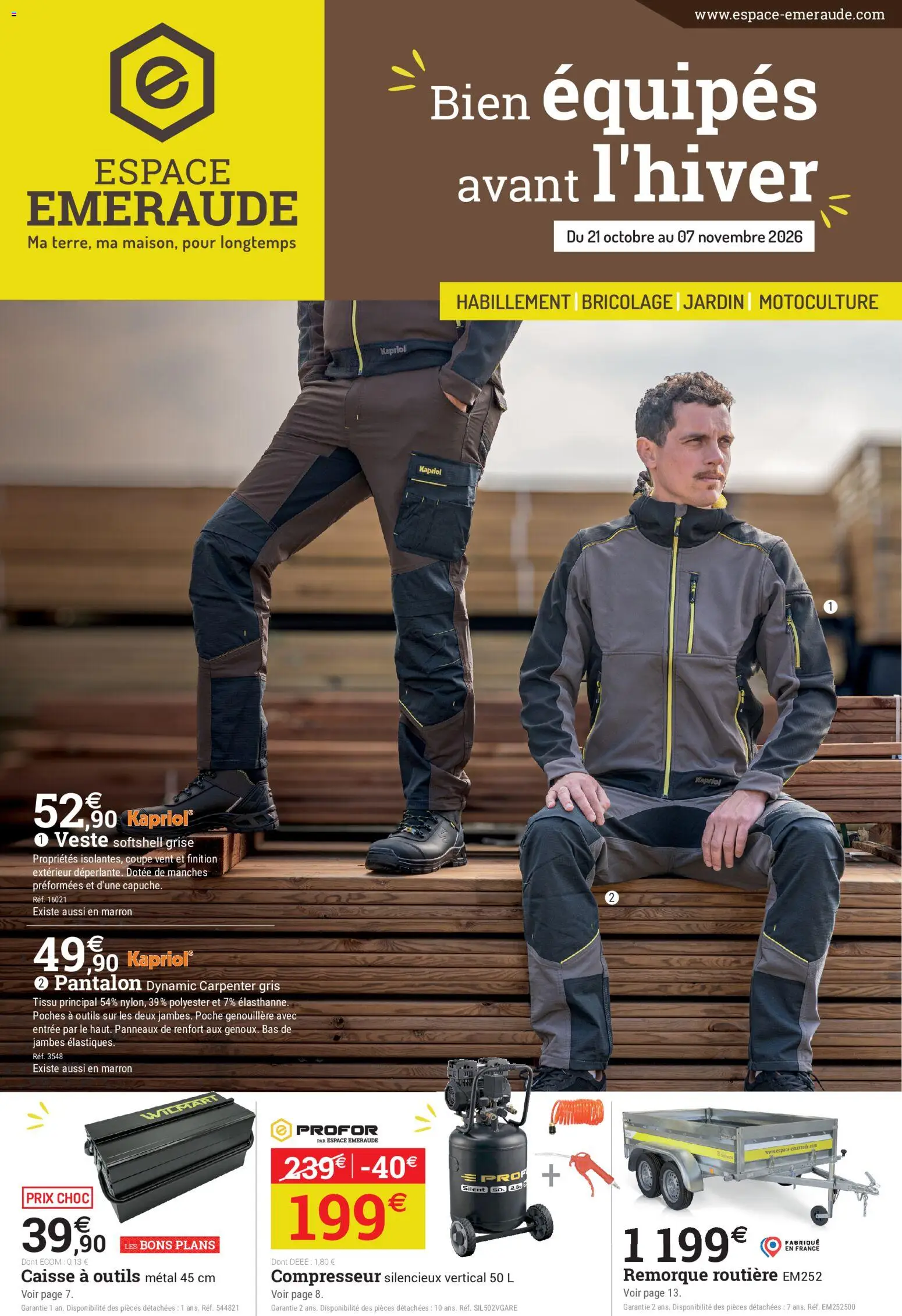 Prévisualisation de Espace Emeraude catalogue du magasin Espace Emeraude formulaire valide 21/10/2026 - Bricolage, Veste, Pantalon, Compresseur, Genouillère, Outils, Élastiques, Compresseur silencieux