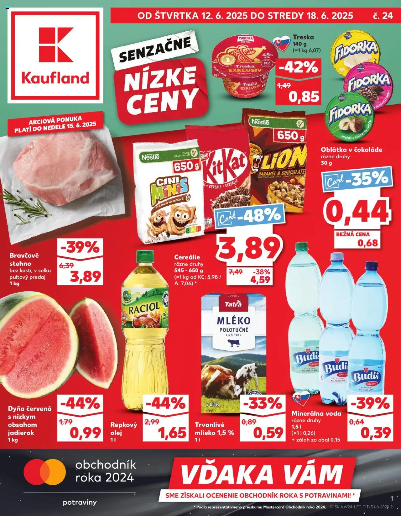 Náhľad Kaufland letáku platného od 12.06.2025 - Voda, Olej, Mlieko, Treska, Bravčové stehno, Minerálna voda, Cereálie, Trvanlivé mlieko