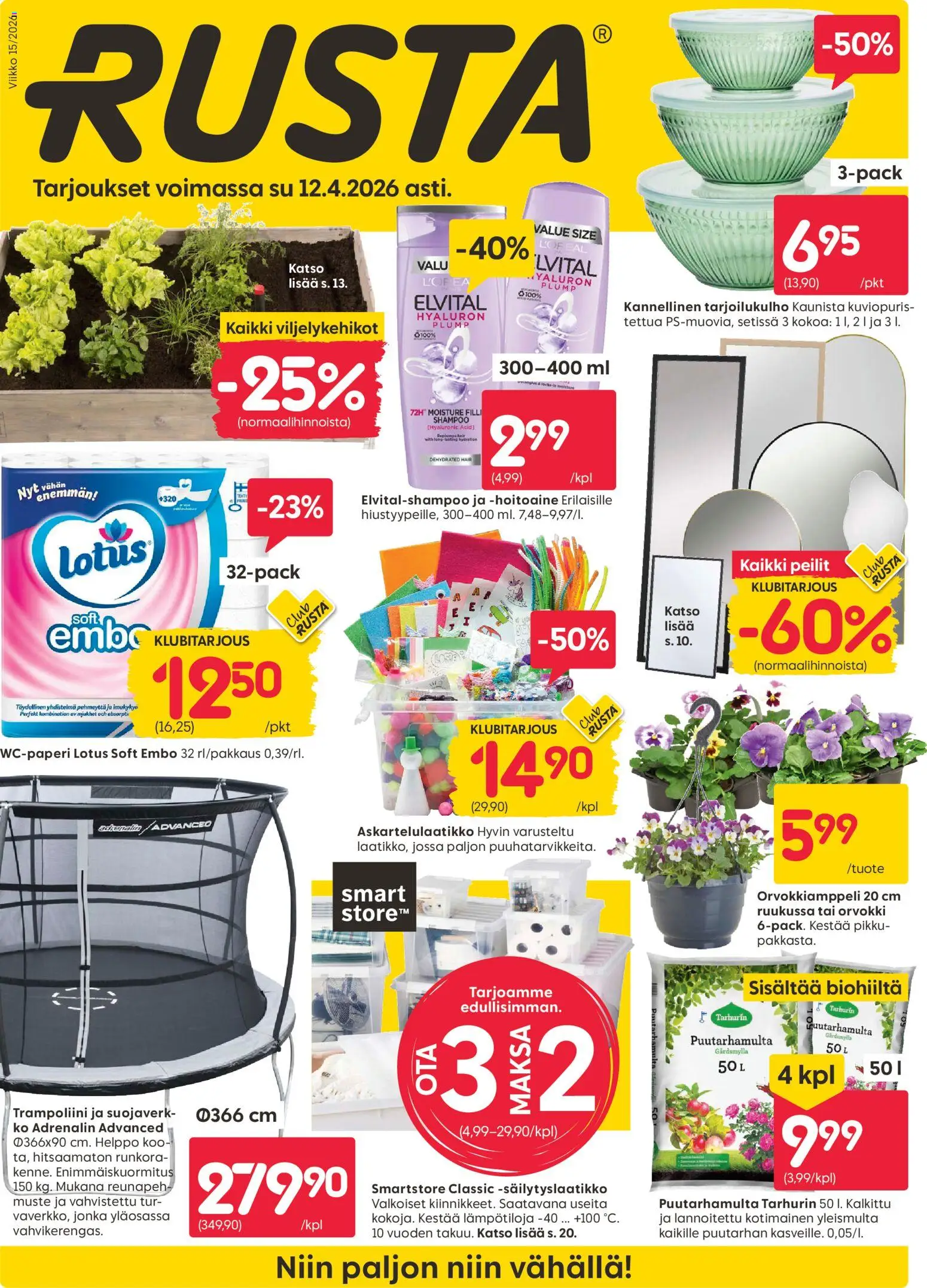 Kaupan Rusta Rusta tarjoukset esikatselu, voimassa 07/04/2026 - Trampoliini, Shampoo, Lotus, Hoitoaine, Köö