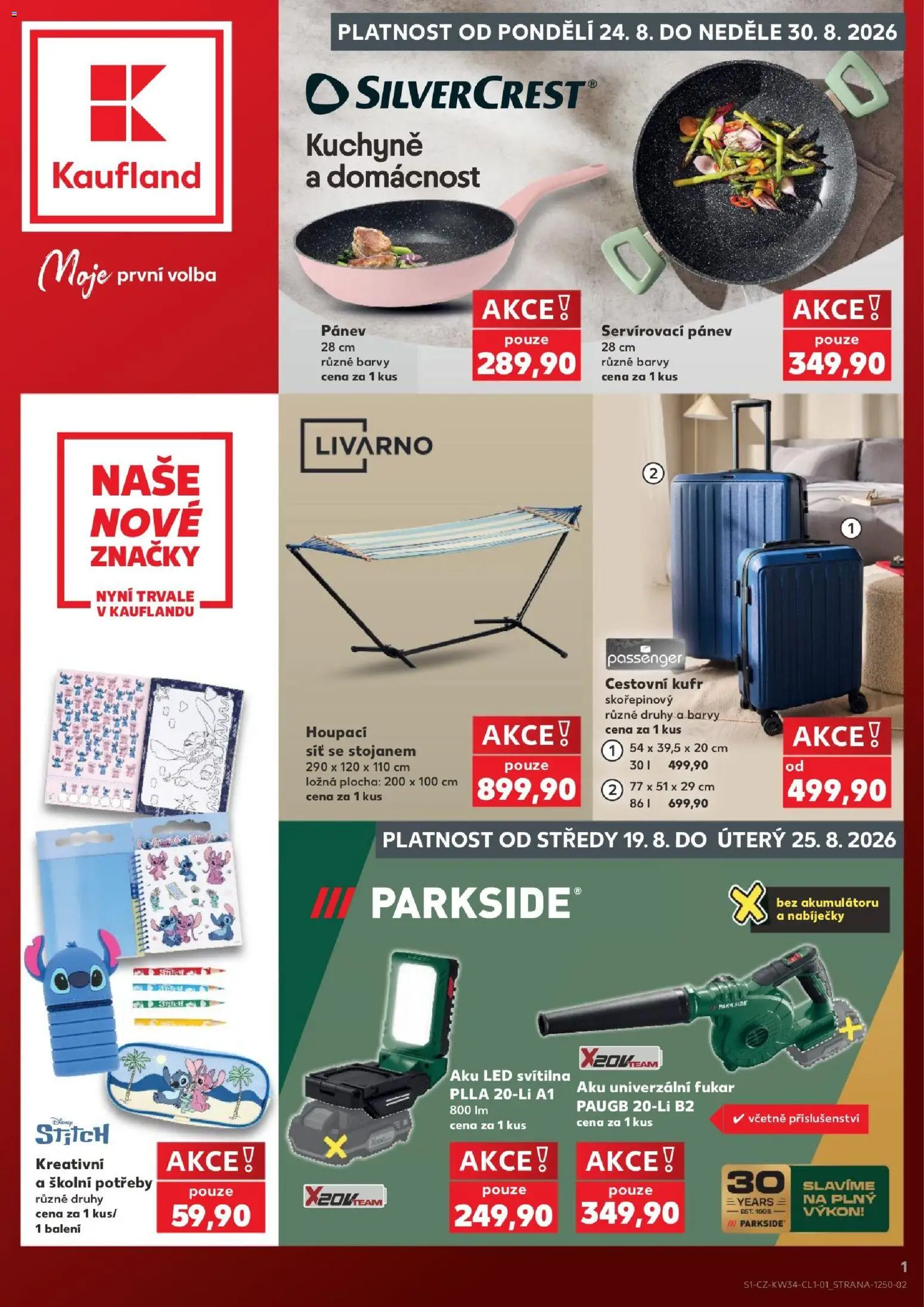 Náhled nabídky: Kaufland Kaufland leták - Brno platný od 19.08.2026 - Stitch, Parkside, Kufr, Pánev, Svítilna, Síť, Školní potřeby, LED svítilna