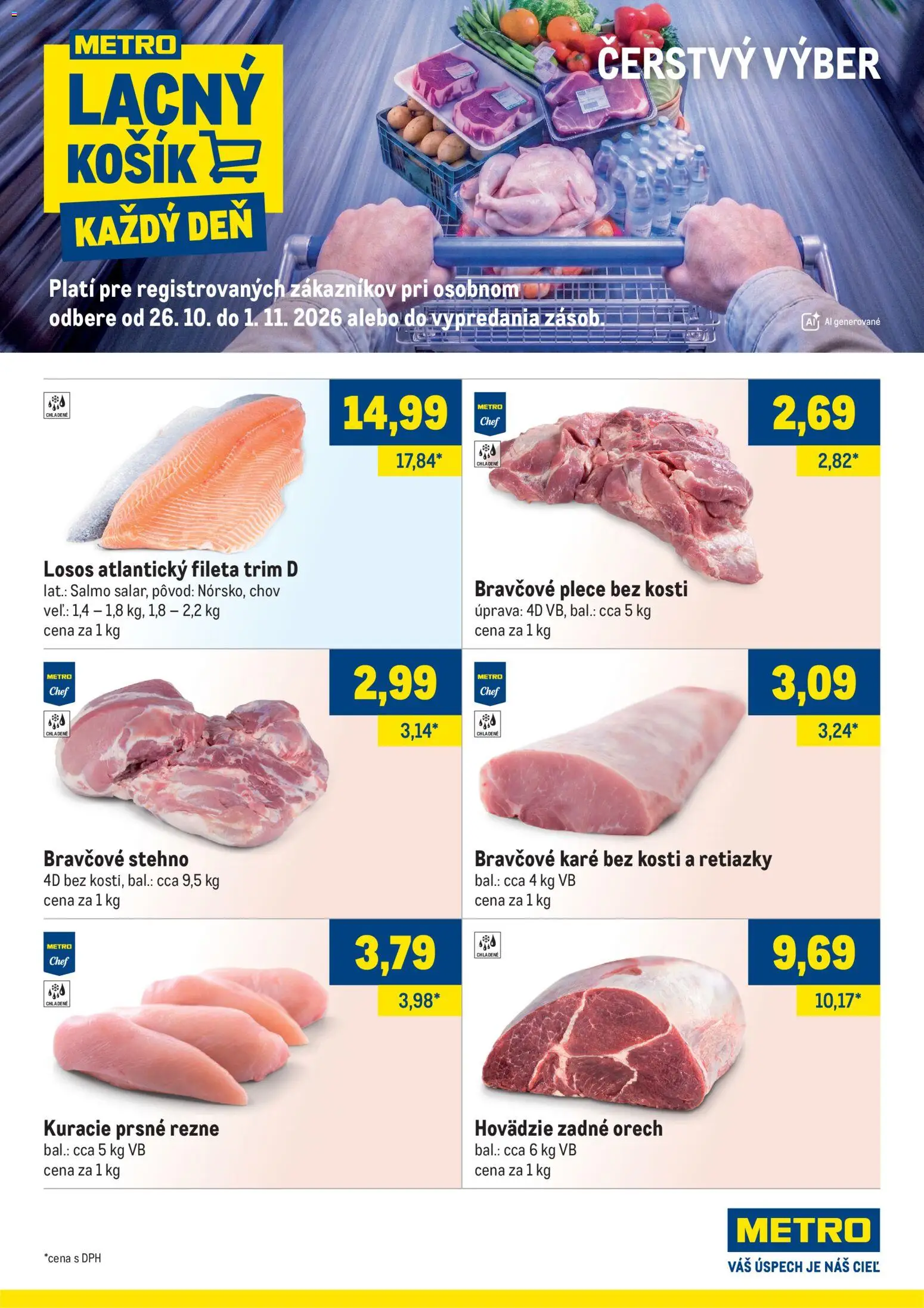 Náhľad Metro letáku platného od 26.10.2026 - Losos, Bravčové karé, Bravčové stehno, Rezne, Hovädzie zadné, Bravčové plece, Prsné rezne, Kuracie prsné rezne