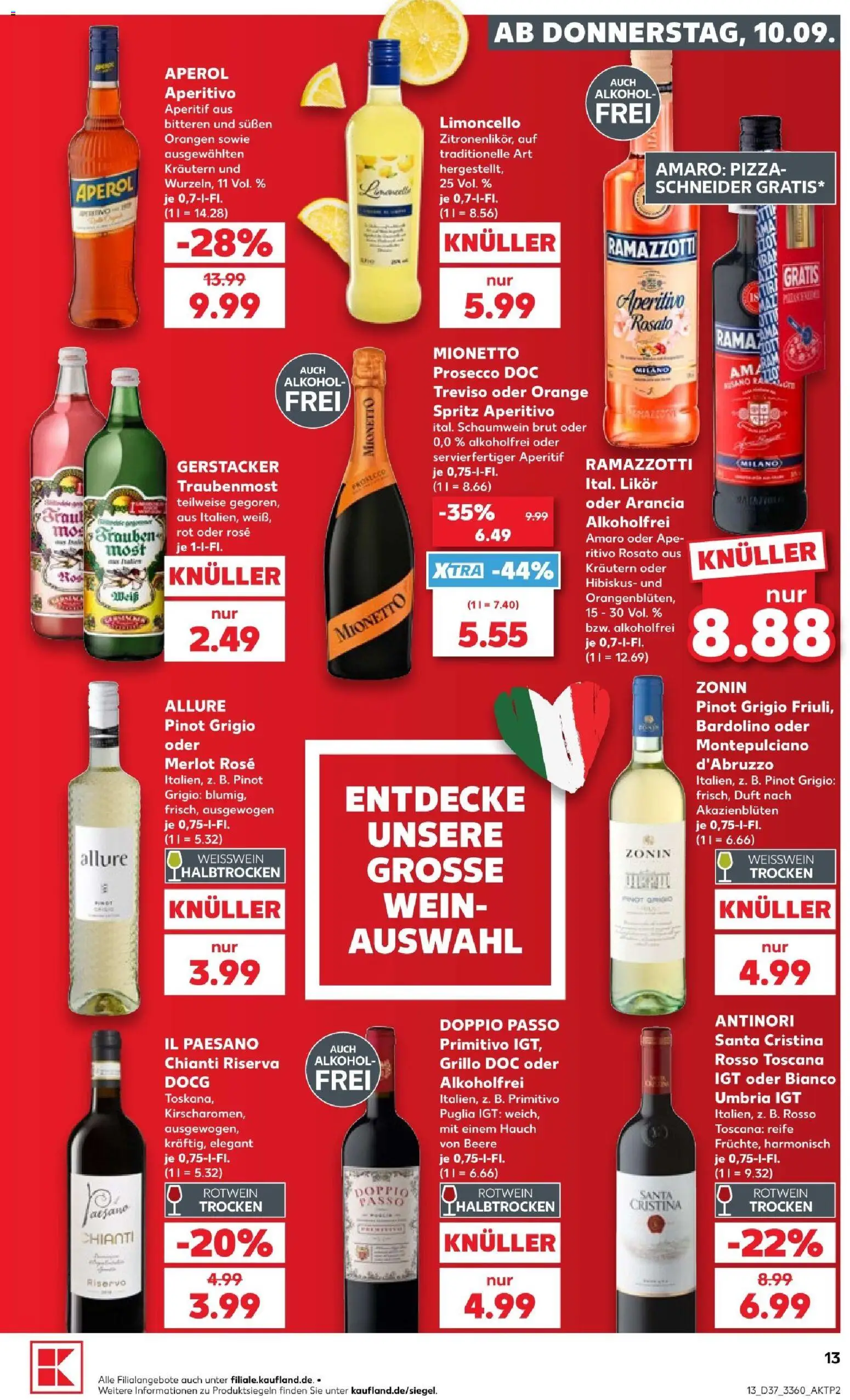 Vorschau von dem Prospekt des Geschäftes Kaufland, gültig ab dem 10.09.2026 - Pizza, Aperol, Wein, Ramazzotti, Prosecco, Weißwein, Doppio Passo, Weißwein trocken