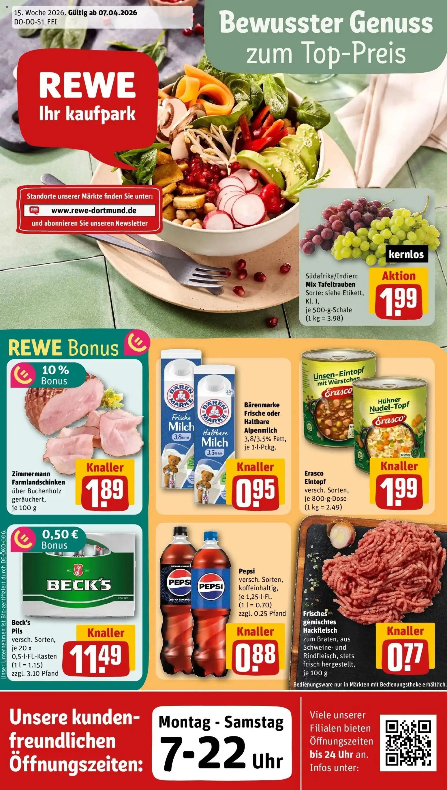Vorschau von dem Prospekt des Geschäftes Rewe, gültig ab dem 05.04.2026 - Uhr, Milch, Hackfleisch, Zucker, Pepsi, Pils, Erasco