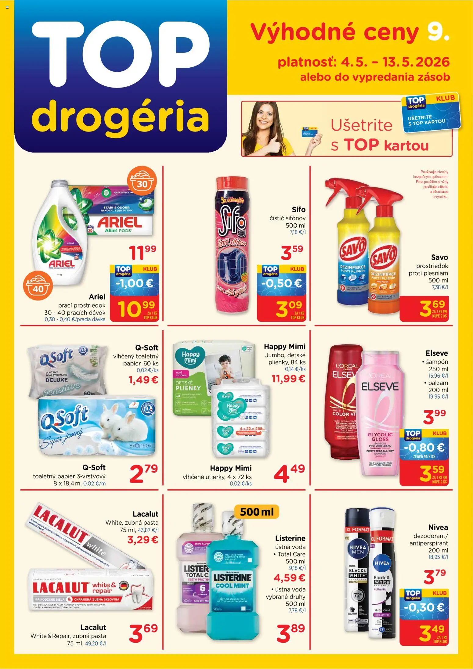 Náhľad TOP Drogéria letáku platného od 04.05.2026 - Ariel, Toaletný papier, Savo, Plienky, Šampón, Zubná pasta, Ústna voda, Toaletný papier 3vrstvový