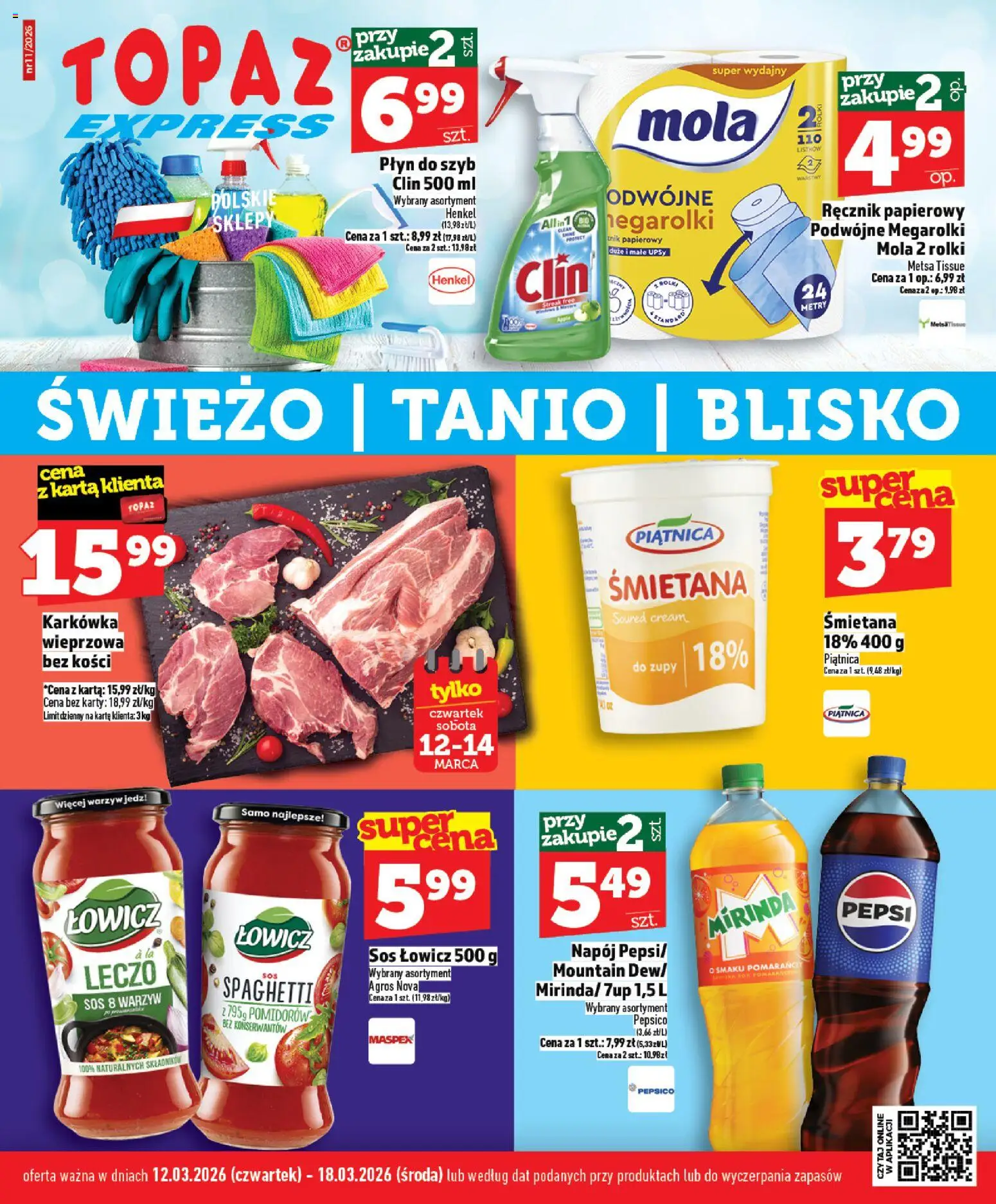 Pogląd gazetki "Topaz gazetka - Express" ze sklepu Topaz ważnej od 12.03.2026 - Rolki, Spaghetti, Zupy, Karkówka, Karta, Piątnica, Ręcznik papierowy, Płyn do szyb