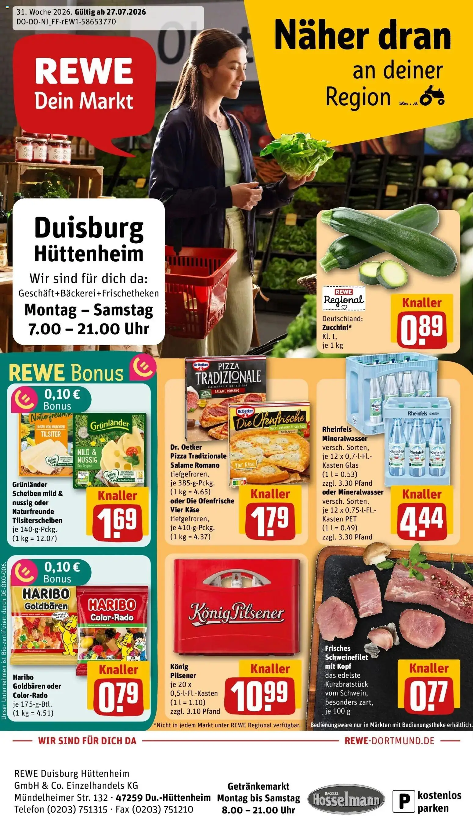Vorschau von dem Prospekt des Geschäftes Rewe, gültig ab dem 27.07.2026 - Bäckerei, Pizza, Uhr, Telefon, Käse, Mineralwasser, Ofenfrische, Grunlander