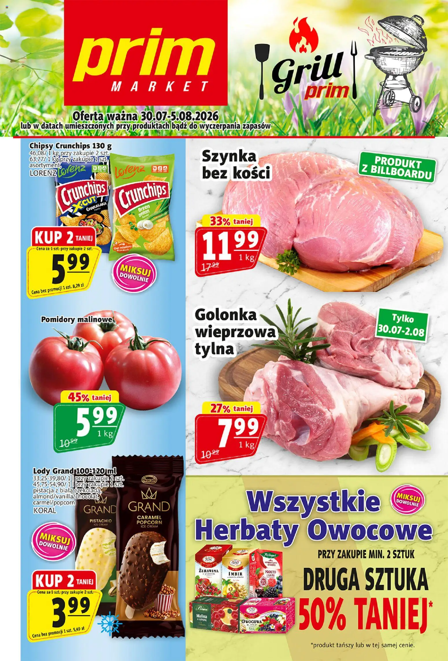 Pogląd gazetki "Prim Market gazetka" ze sklepu Prim Market ważnej od 30.07.2026 - Lody, Grill, Golonka, Imbir, Chipsy, Żurawina, Popcorn, Szynka