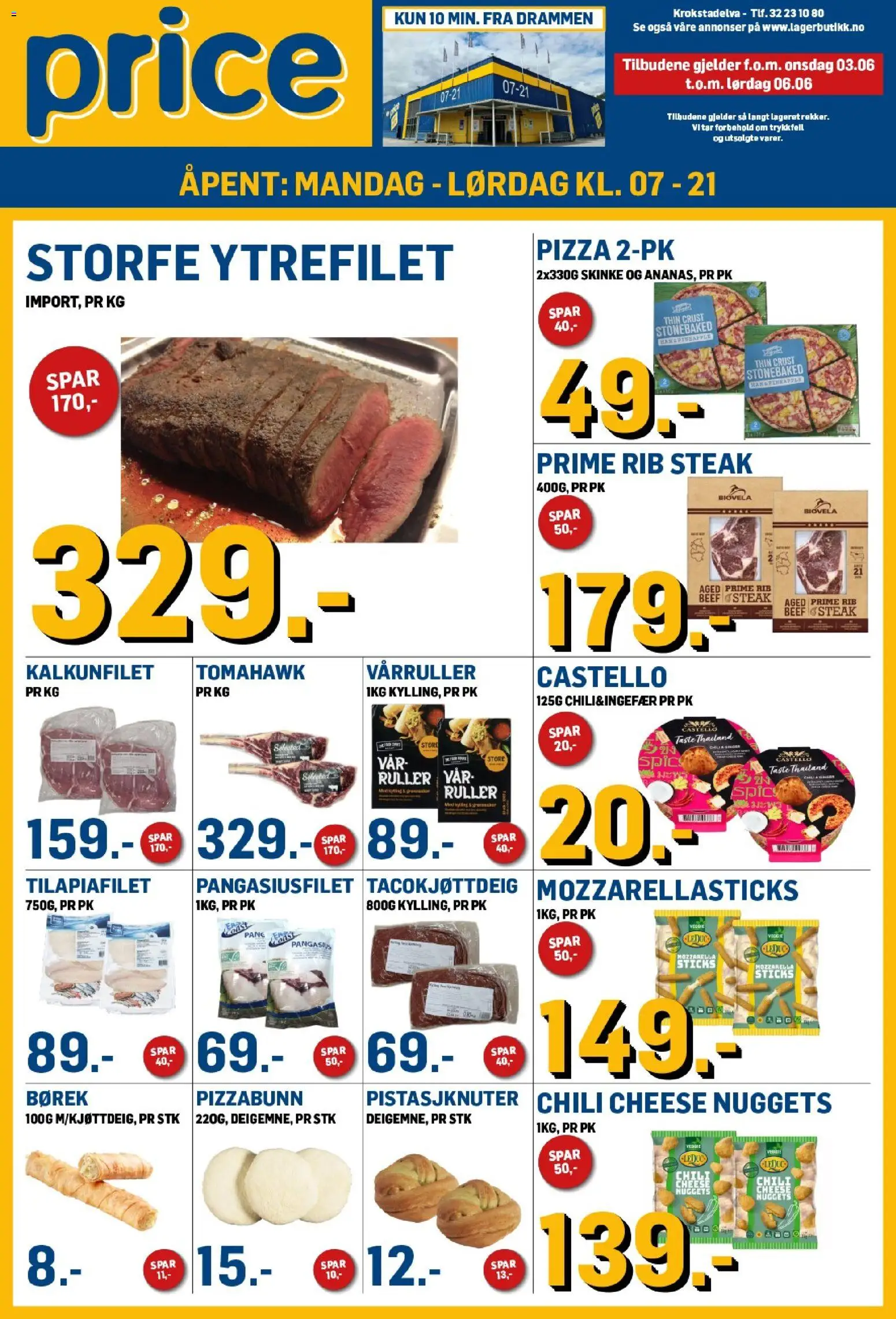 Forhåndsvis Price Lagerbutikk kundeavis fra butikk Price Lagerbutikk gyldig fra 03/06/2026 - Ytrefilet, Pizzabunn, Pizza, Nuggets, Vårruller, Kalkunfilet, Pangasius, Tomahawk