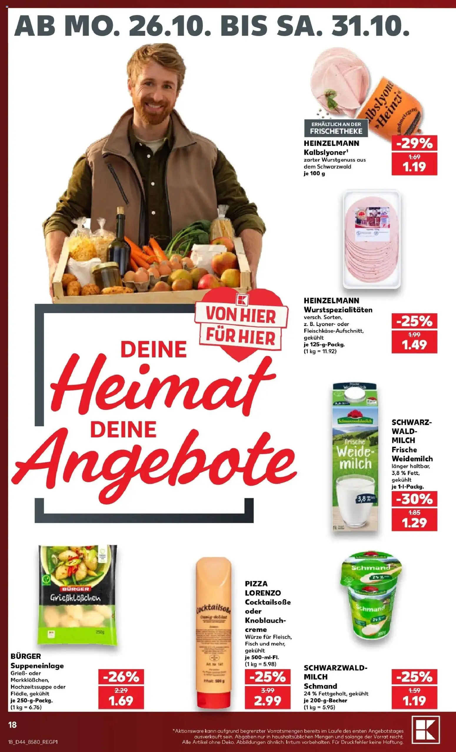 Vorschau von dem Prospekt des Geschäftes Kaufland, gültig ab dem 26.10.2026 - Pizza, Burger, Fisch, Milch, Knoblauch, Creme, Grieß