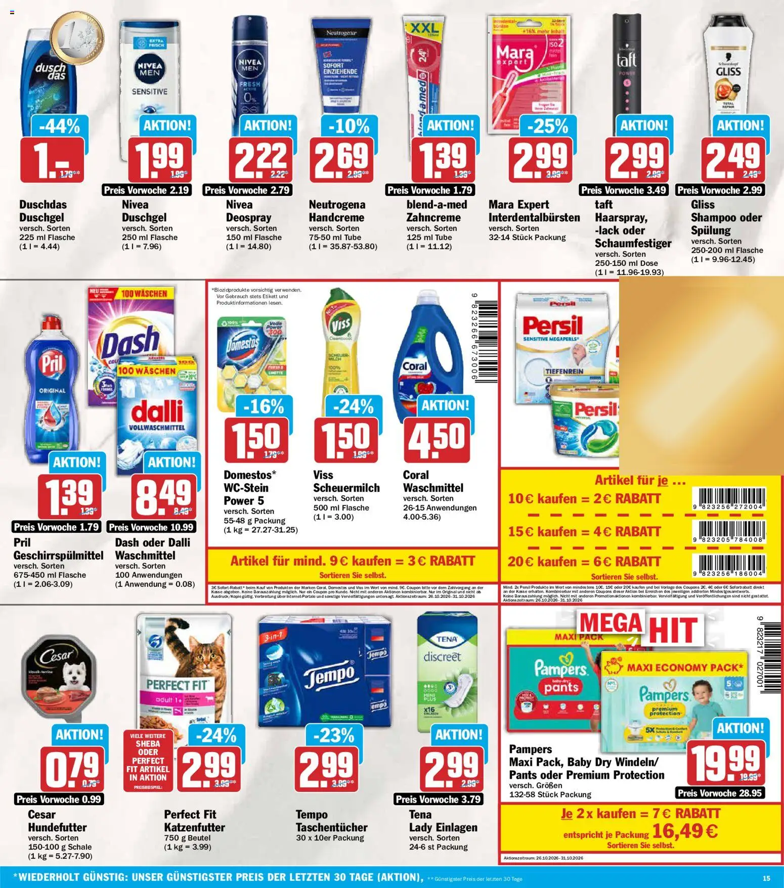 Vorschau von dem Prospekt des Geschäftes AEZ, gültig ab dem 26.10.2026 - Pampers, Katzenfutter, Tempo, Handcreme, Duschgel, Spülung, Geschirrspülmittel, Duschdas