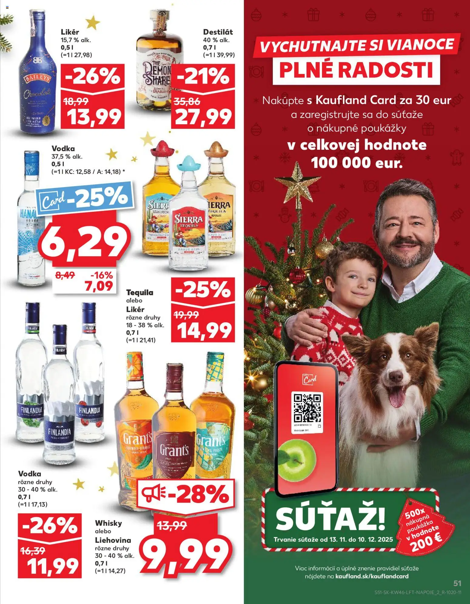 Náhľad Kaufland letáku platného od 13.11.2025 - Vodka, Baileys, Whisky, Tequila, Finlandia, Grant's Whisky, Destilát