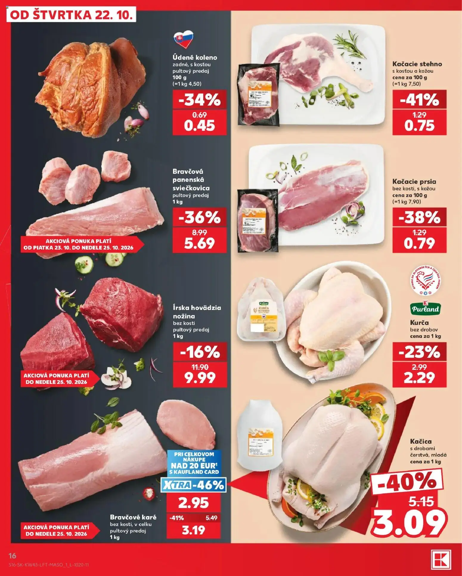 Náhľad Kaufland letáku platného od 22.10.2026 - Bravčové karé, Kačacie prsia, Kačica, Koleno, Hydina, Kurča, Údené koleno