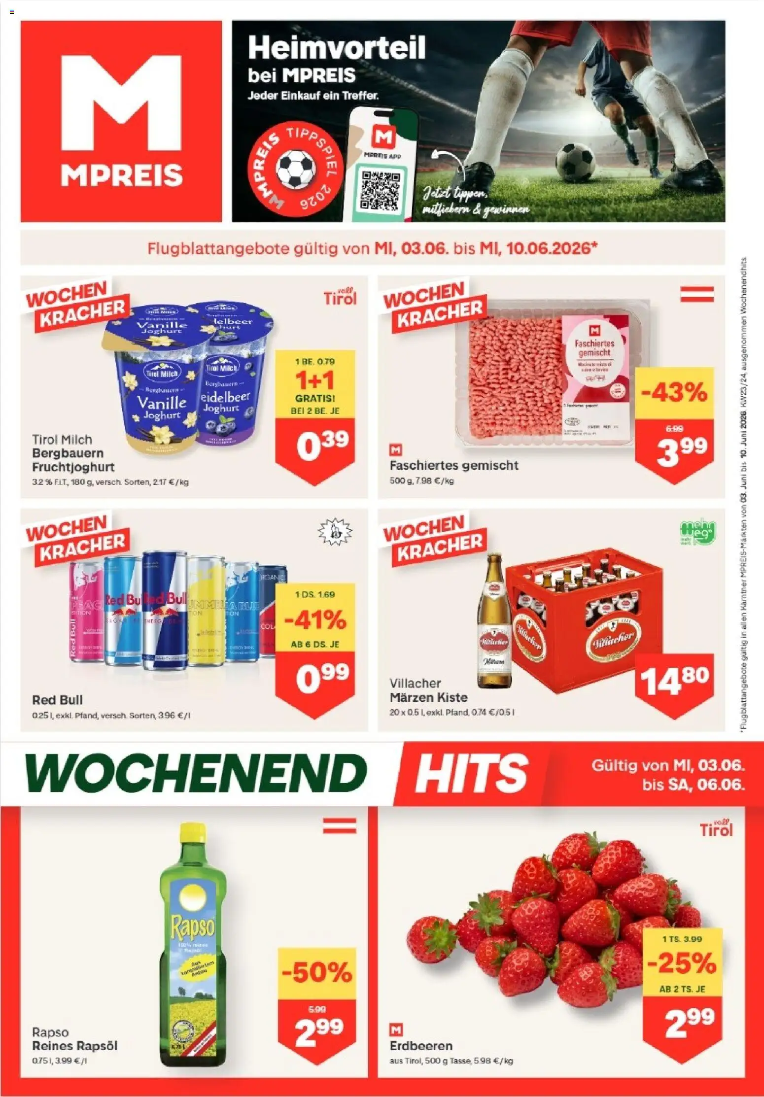 Vorschau der Angebote: MPREIS MPREIS Dellach im Drautal gültig ab 03.06.2026 - Erdbeeren, Milch, Joghurt, Rapsöl, Vanille