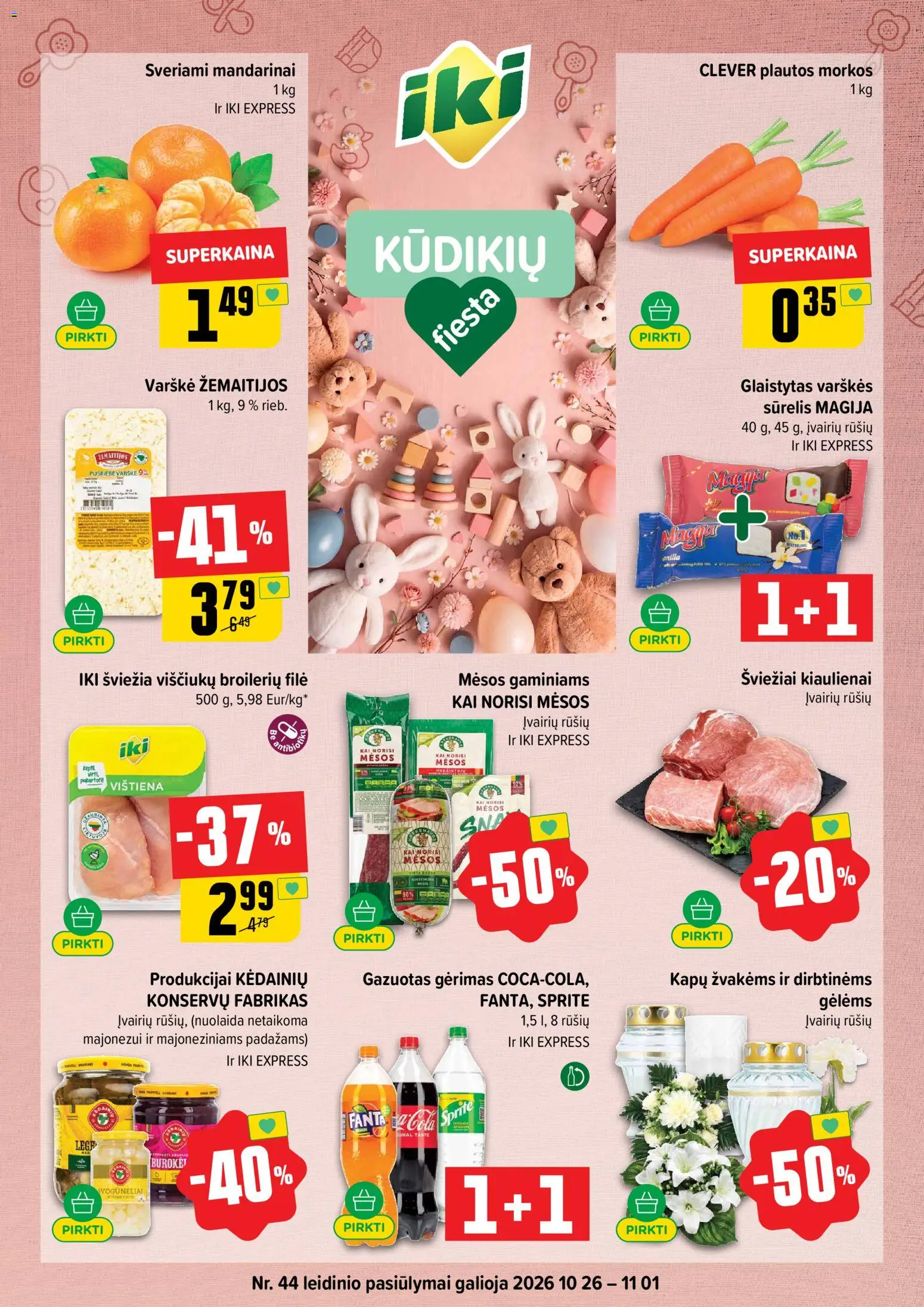 IKI parduotuvės leidinio IKI leidinys galiojančio nuo 2026.10.26 peržiūra - Varškė, Vištiena, Mandarinai, Morkos, Sūrelis