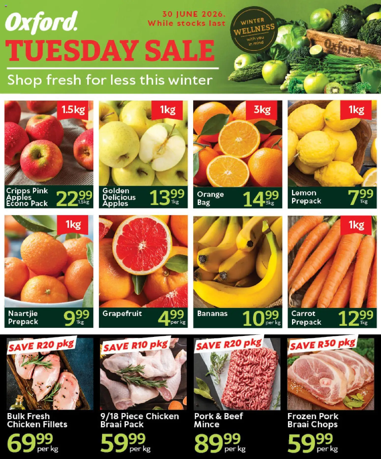 Preview of Oxford Freshmarket flyer valid from 30/06/2026 - Apples, Chicken, Bananas, Grapefruit, Lemon, Pork, Beef