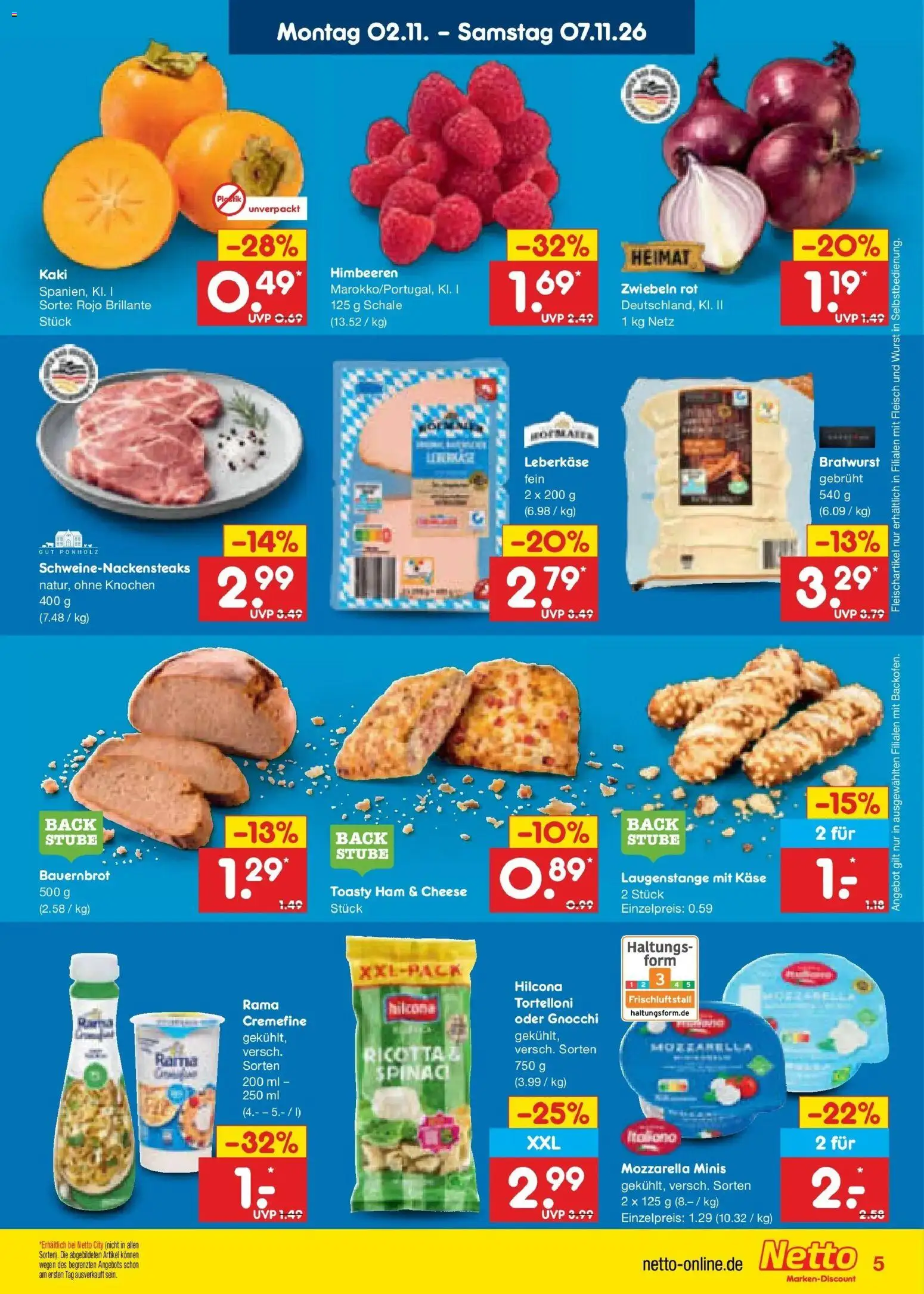 Vorschau von dem Prospekt des Geschäftes Netto Marken-Discount, gültig ab dem 02.11.2026 - Käse, Gnocchi, Wurst, Bratwurst, Rama, Rama cremefine, Zwiebeln, Leberkase