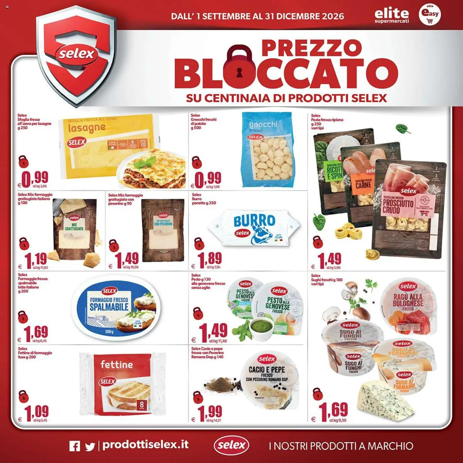 Anteprima dell'opuscolo Elite Supermercati volantino Spesa Difesa Selex dal negozio Elite Supermercati valido da 01/09/2026 - Gnocchi, Funghi, Formaggio, Prosciutto Crudo, Pesto, Burro, Sugo, Formaggio fresco