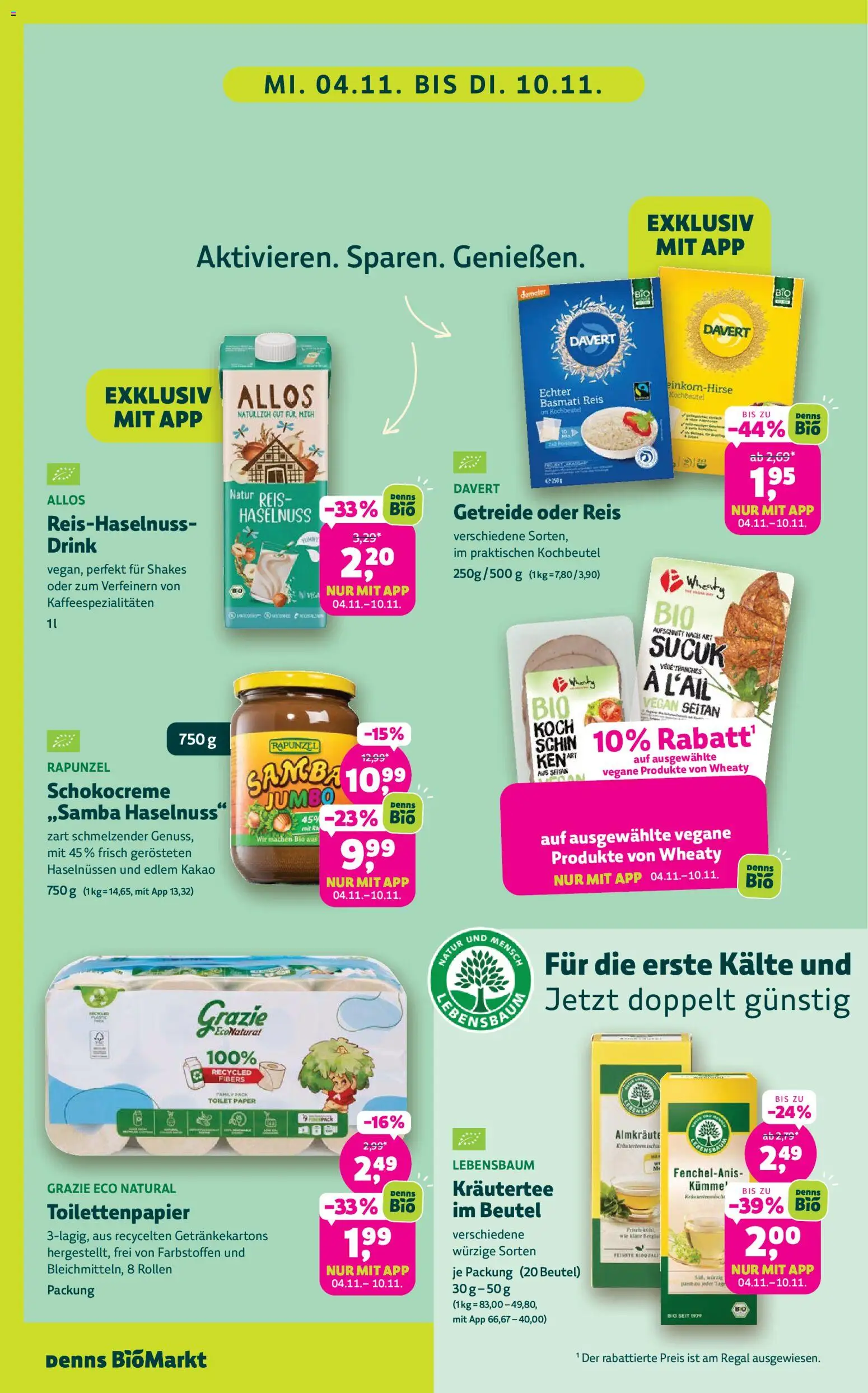 Vorschau von dem Prospekt des Geschäftes Denns BioMarkt, gültig ab dem 04.11.2026 - Regal, Toilettenpapier, Reis, Getreide, Kräutertee