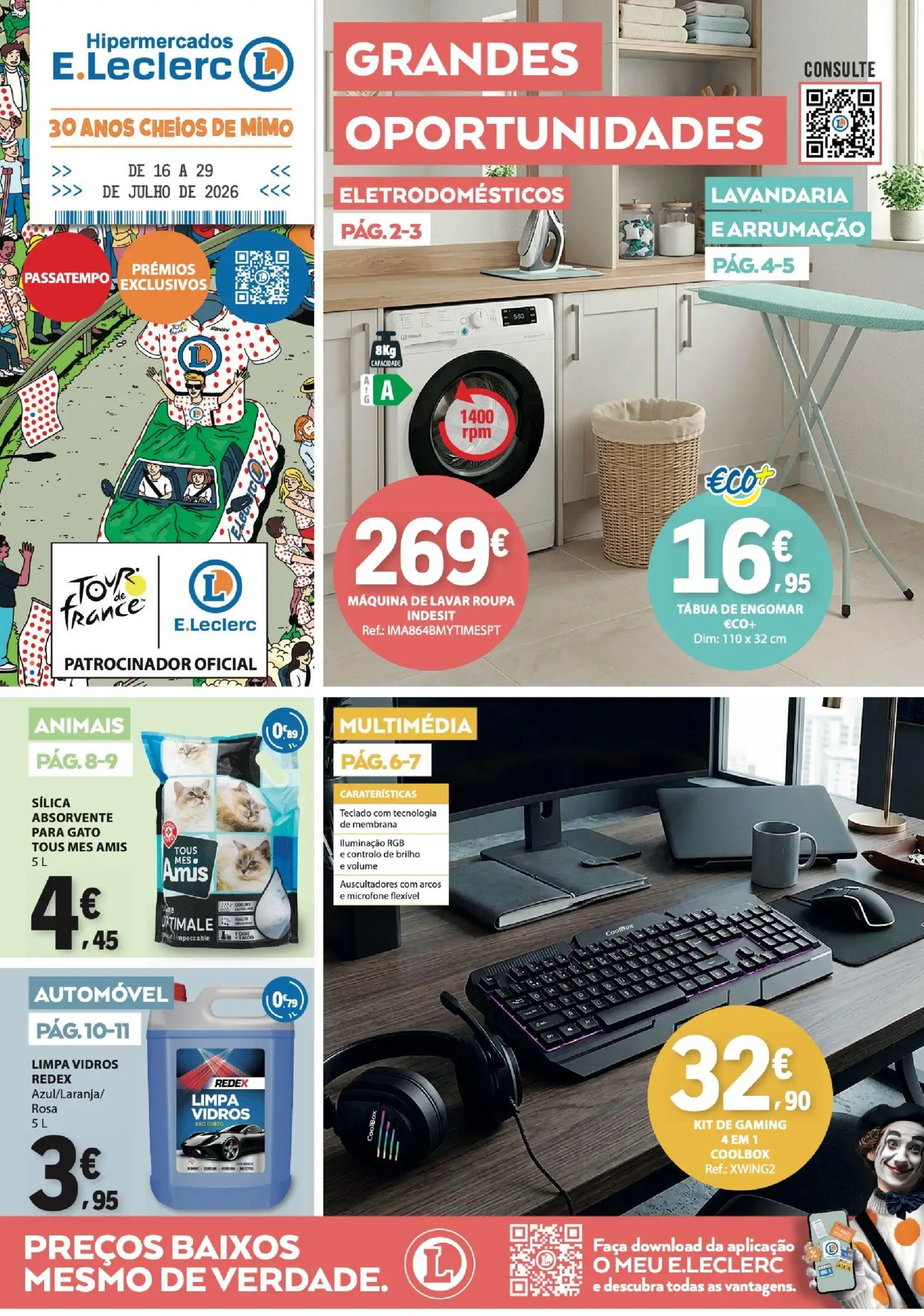 Pré-visualização do folheto da loja E.Leclerc válida a partir de 16/07/2026 - Máquina de lavar roupa, Tábua, Teclado, Microfone, Máquina de lavar, Iluminação, Tábua de engomar, Faca