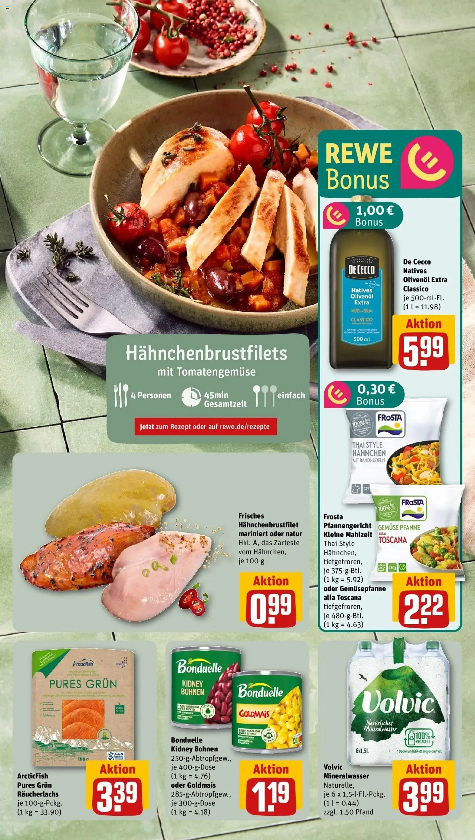 Vorschau von dem Prospekt des Geschäftes Rewe, gültig ab dem 05.04.2026 - Gemüse, Mineralwasser, Frosta, Volvic, Räucherlachs, Hahnchen, Olivenol