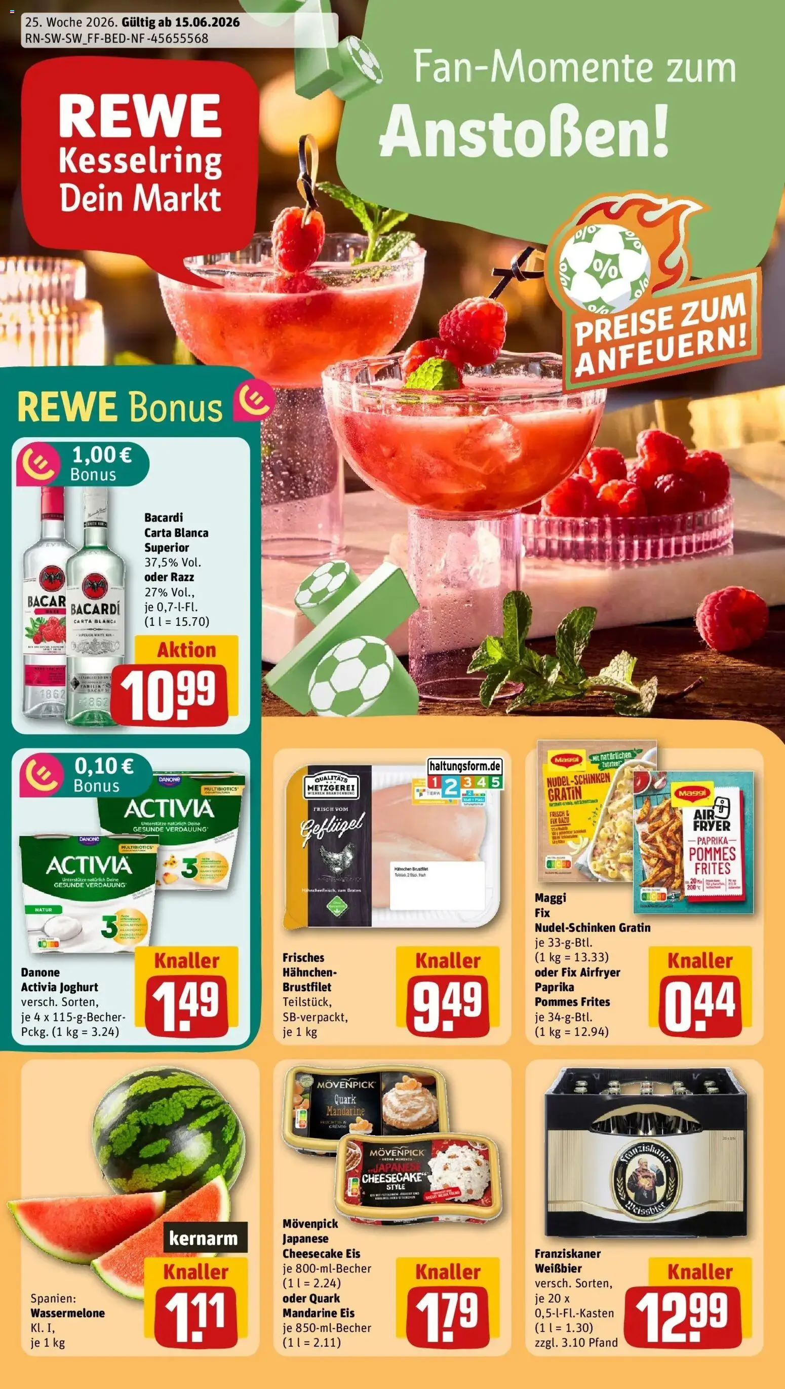 Vorschau von dem Prospekt des Geschäftes Rewe, gültig ab dem 14.06.2026 - Joghurt, Quark, Bacardi, Paprika, Pommes frites, Franziskaner, Activia, Hahnchen