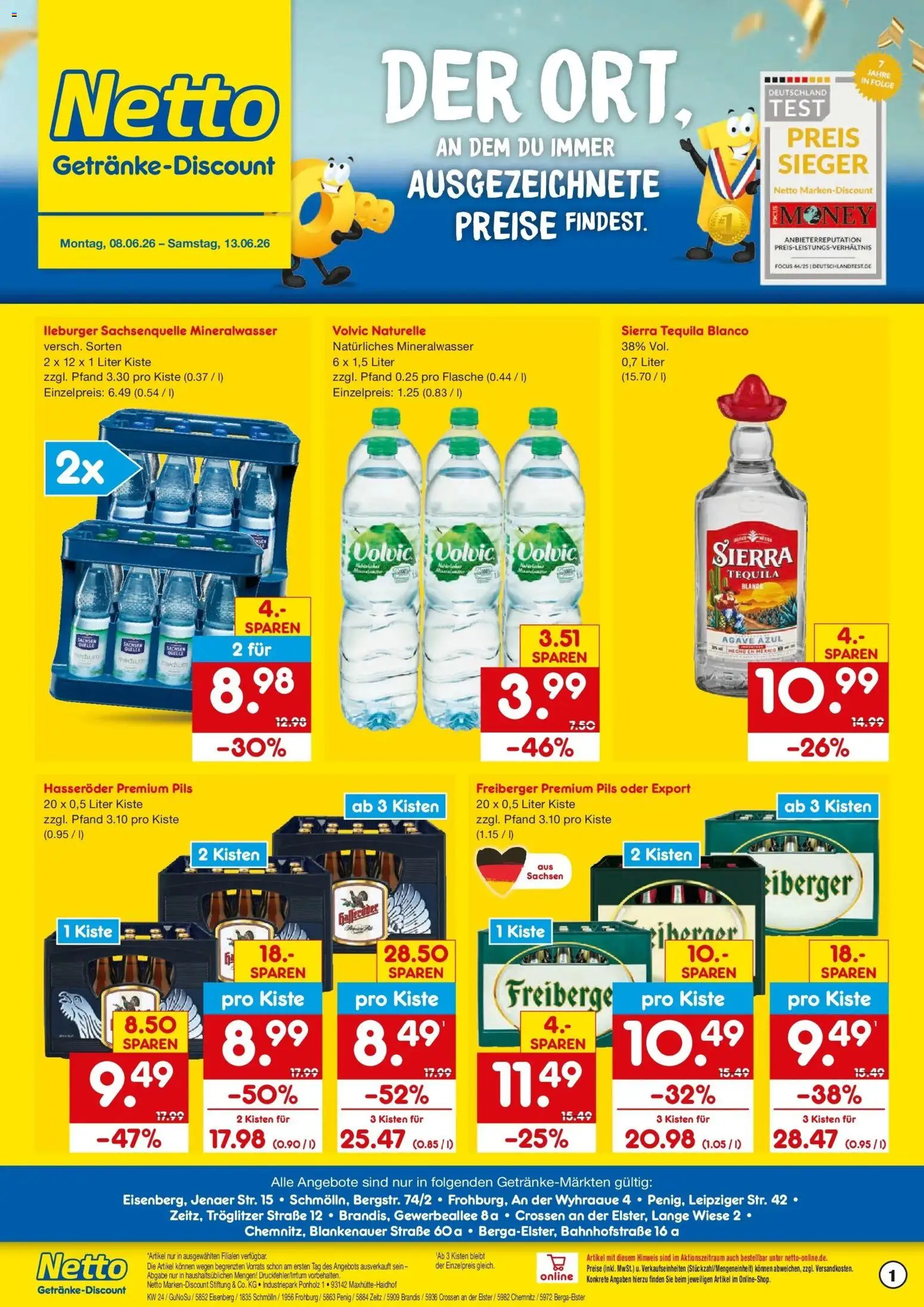 Vorschau von dem Prospekt des Geschäftes Netto Marken-Discount, gültig ab dem 08.06.2026 - Mineralwasser, Tequila, Volvic, Hasseröder, Pils