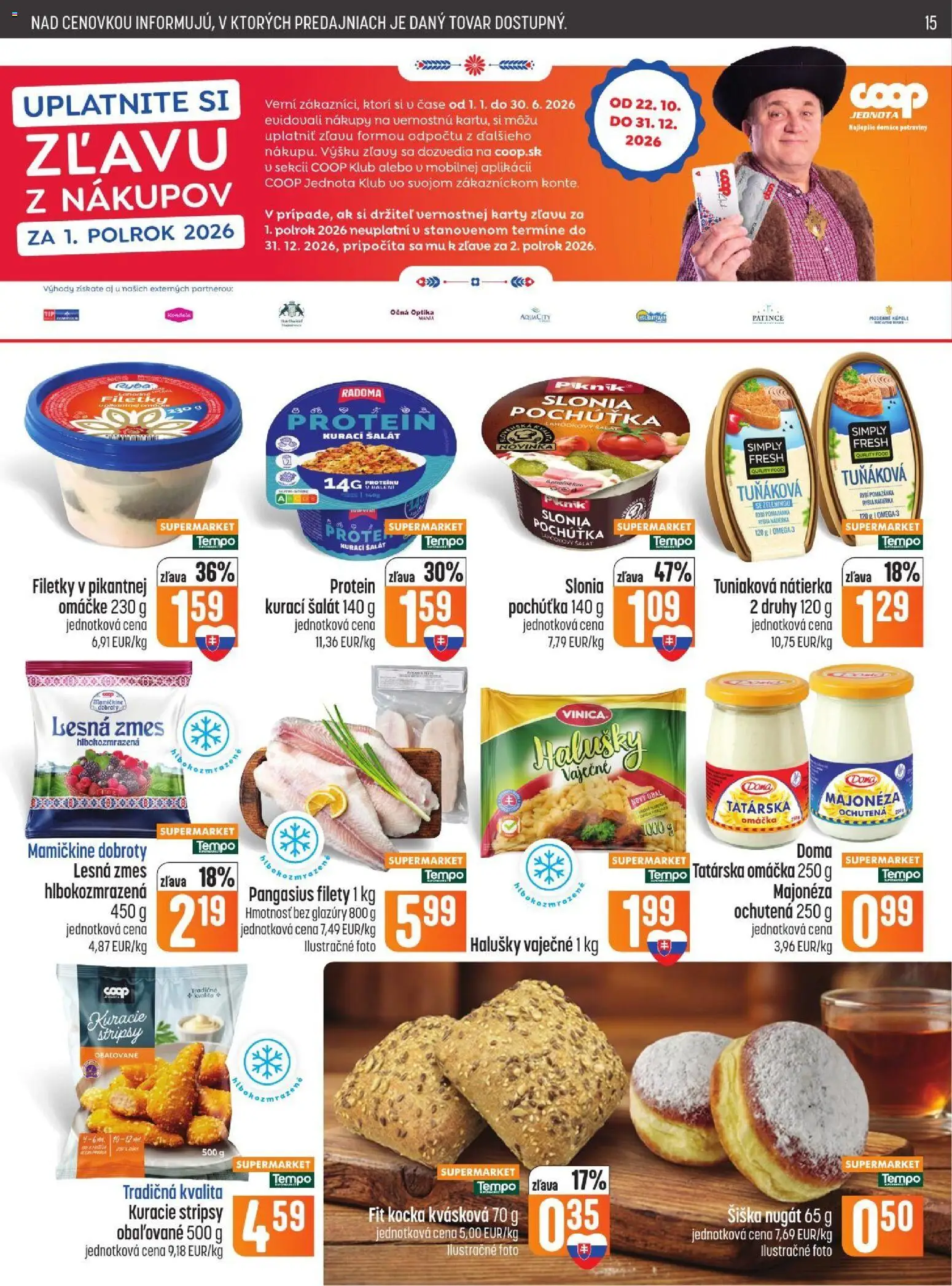Náhľad COOP Jednota letáku platného od 22.10.2026 - Protein, Šalát, Kuracie stripsy, Šiška, Omáčka, Nátierka, Stripsy, Majonéza