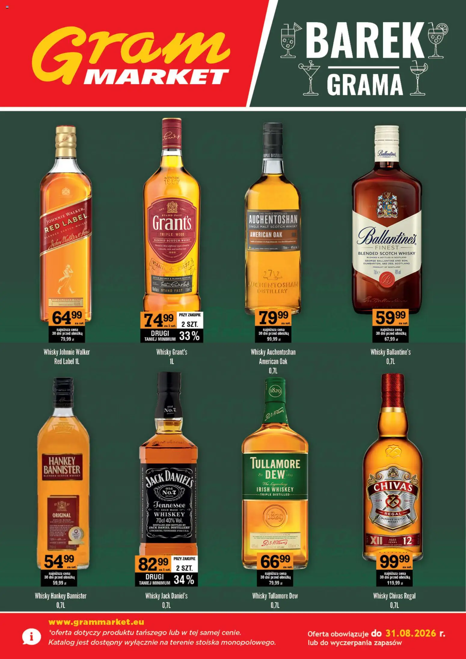 Pogląd gazetki "Gram Market gazetka - Barek" ze sklepu Gram Market ważnej od 01.08.2026 - Whisky, Regał, Tullamore Dew, Red label, Whisky tullamore dew, Irish whiskey, Red label 1l, Scotch whisky